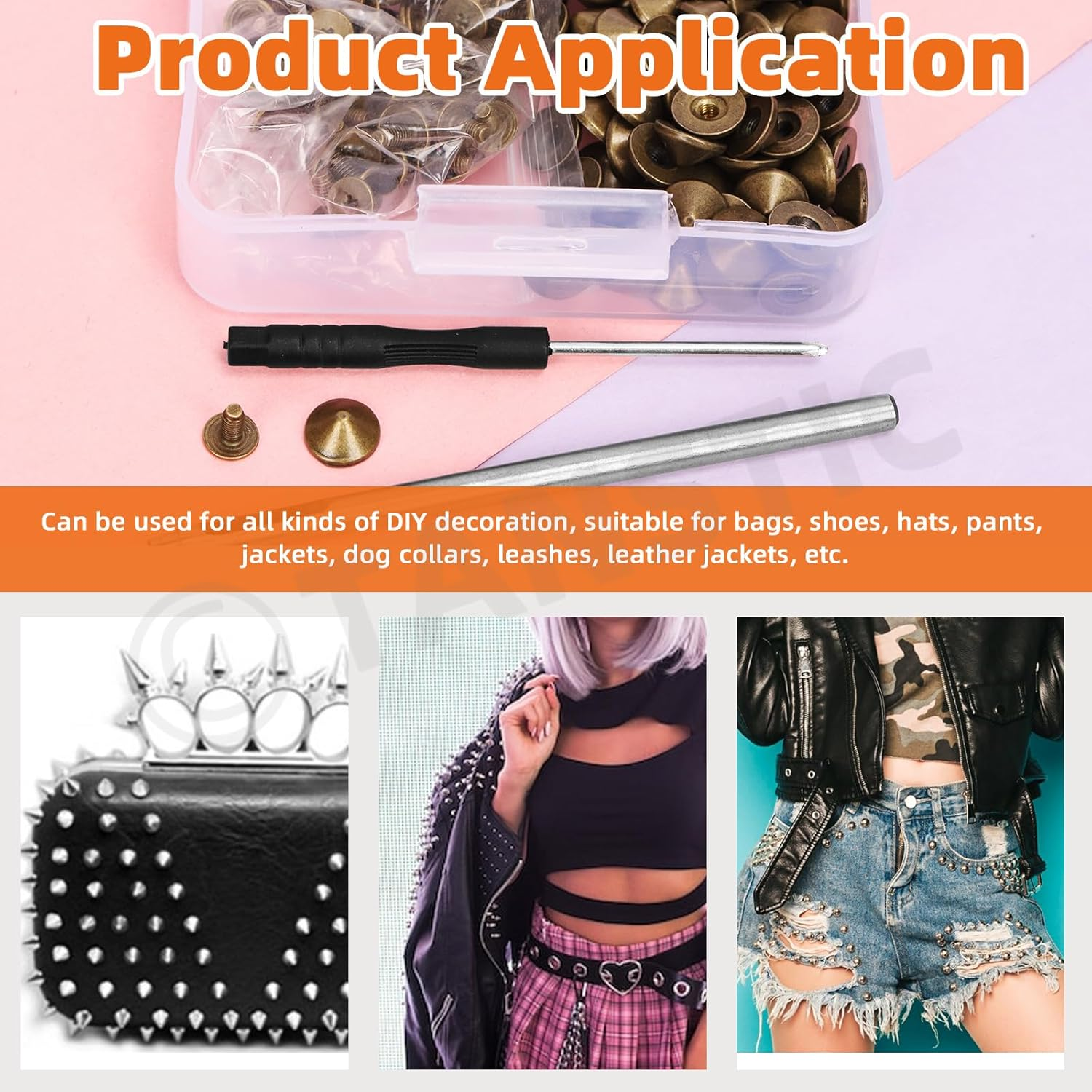 Tanstic 100 Sets(202Pcs) Bronze Cone Spikes and Studs Kit, 10 X 4.7Mm Metal Spikes and Studs Bullet Cone Spikes Studs Screw Back Punk Studs with Installation Tools for Leather Craft - Bronze image number 3