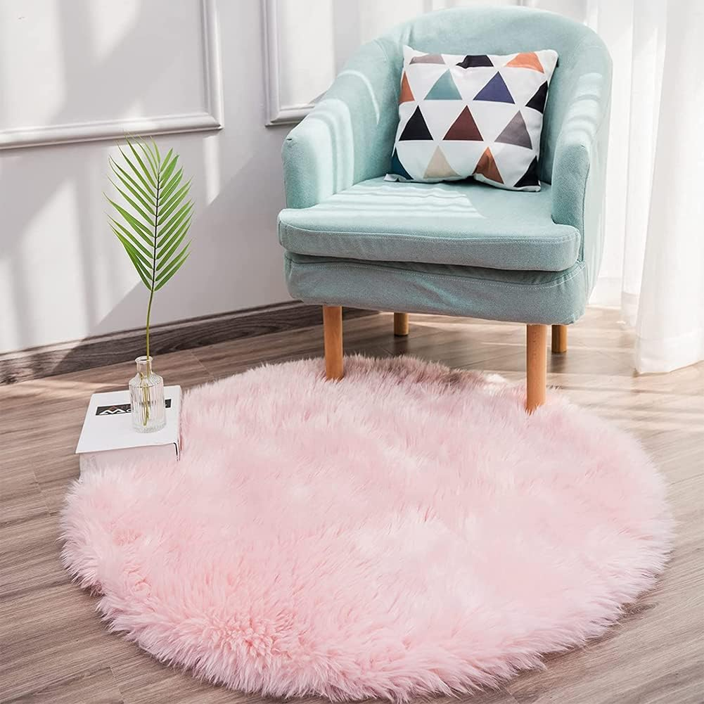 Soft Faux Sheepskin Fur Rug Fluffy Faux Fur Area Rug round Floor Mat Luxury Carpet Chair Cover Seat Pad for Holiday Chistmas Tree Skirt Shaggy Rug Bedroom Sofa Living Room (90Cm, White)