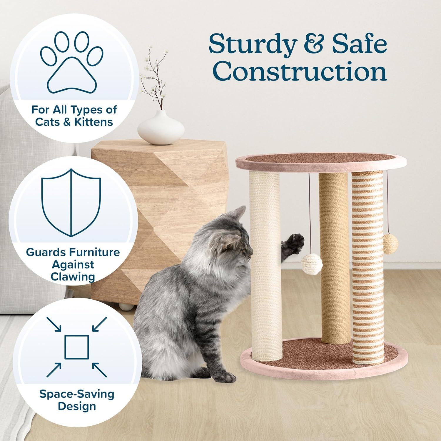 PETMAKER Cat Scratching Post - 3 Scratcher Posts with Carpeted Base Play Area and Perch - Furniture Scratching Deterrent for Indoor Cats by (Brown)