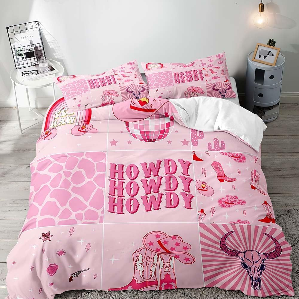LUVIVIHOME 3PCS Disco Cowgirl Duvet Cover Full Bedding Set, Preppy Bedding, Teen Girl Bedding, Western Cowboy Cowgirl Boots Hat Howdy Hot Pink Comforter Quilt Cover, College Dorm Decor, 2 Pillow Shams