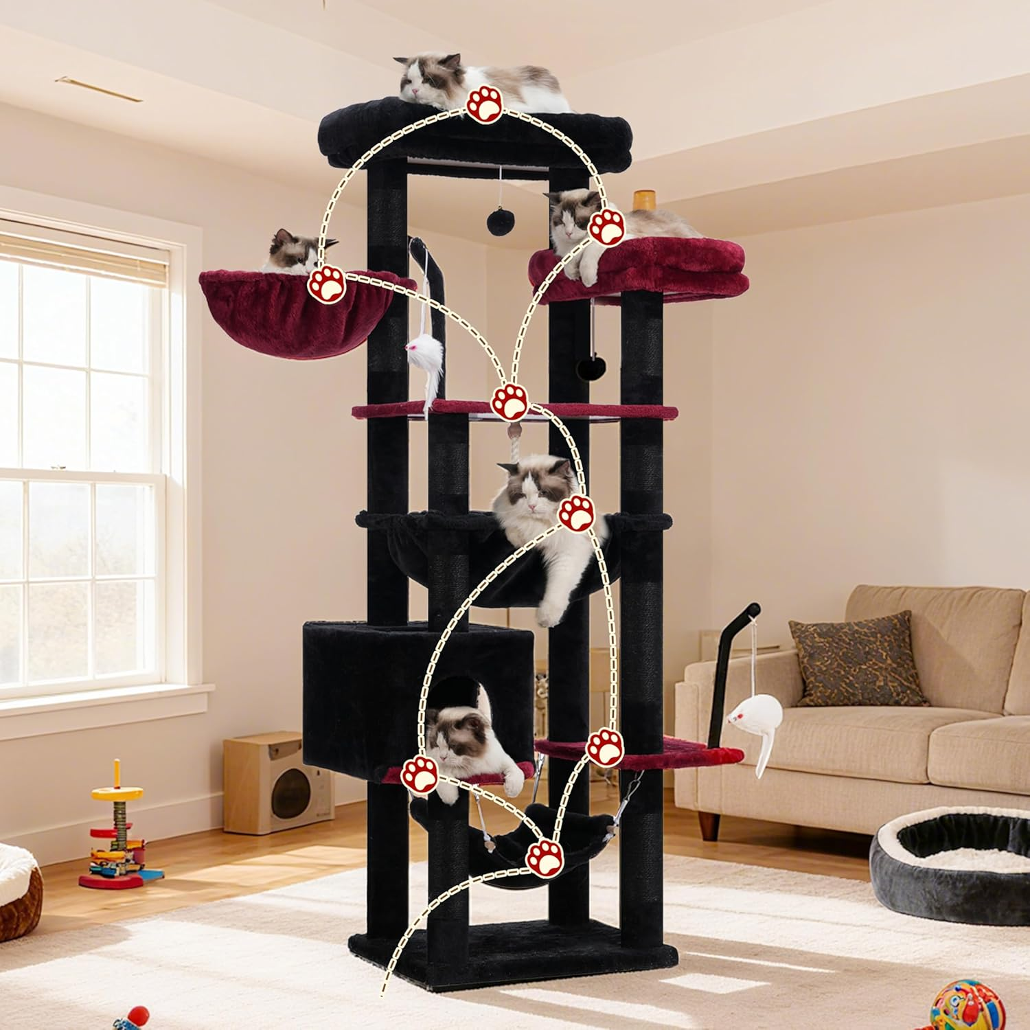 Gitelsnour Cat Tree, Cat Tower for Large Cats with 2 Big Platforms, 2 Baskets, Condo and Toys, 160Cm Cat Scratching Posts for Indoor Cats, Black and Red GCT020BR - Light Gray image number 2