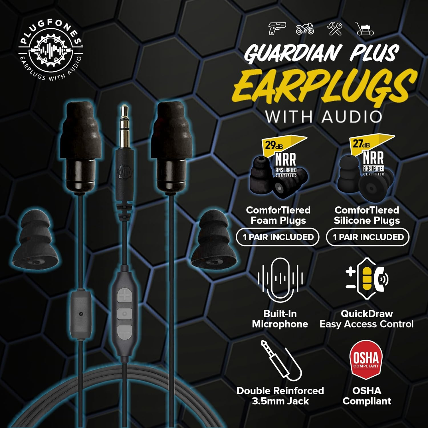 Plugfones Guardian plus Earplug-Earbud Hybrid - Black