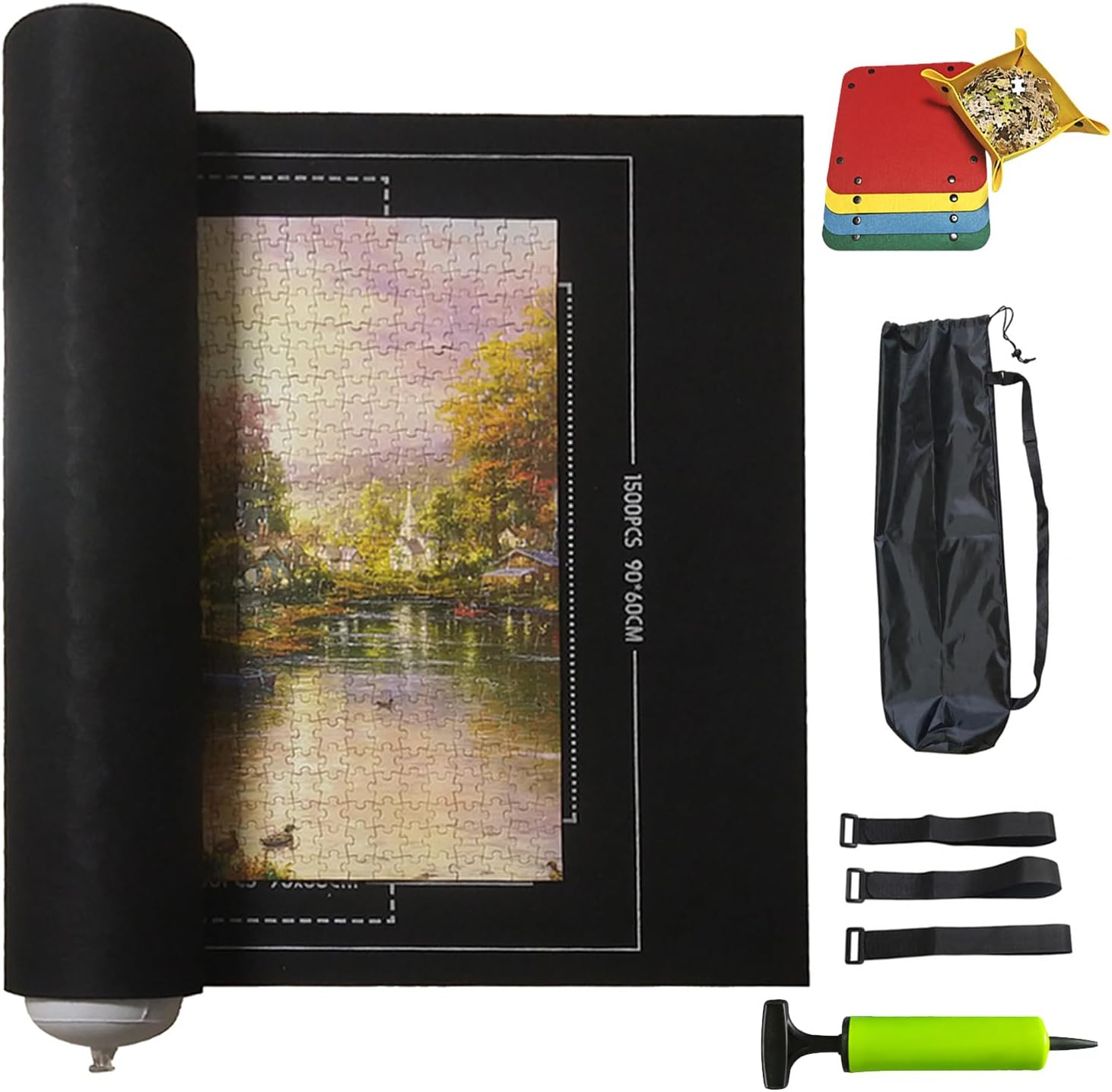 Jigsaw Puzzle Storage Roll Mat of 1500 Pieces, Puzzle Mat, 46"X26" Portable, Non-Slip Rubberized Bottom. Jigsaw Puzzle Mat, with Drawstring Organizer and 4 Assortment Trays. for Puzzle Players (Black) image number 3