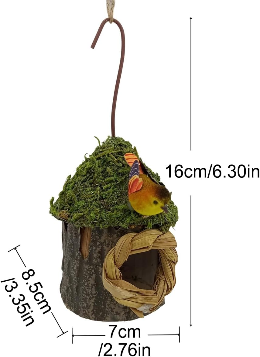 AIMALL Outdoor Hanging Wooden Birdhouse &ndash; Small Nesting Box for Hummingbirds & Finches, Moss Roof Garden Decor with Hook for Balcony, Tree, Courtyard 6.3X2.76X3.35In image number 2