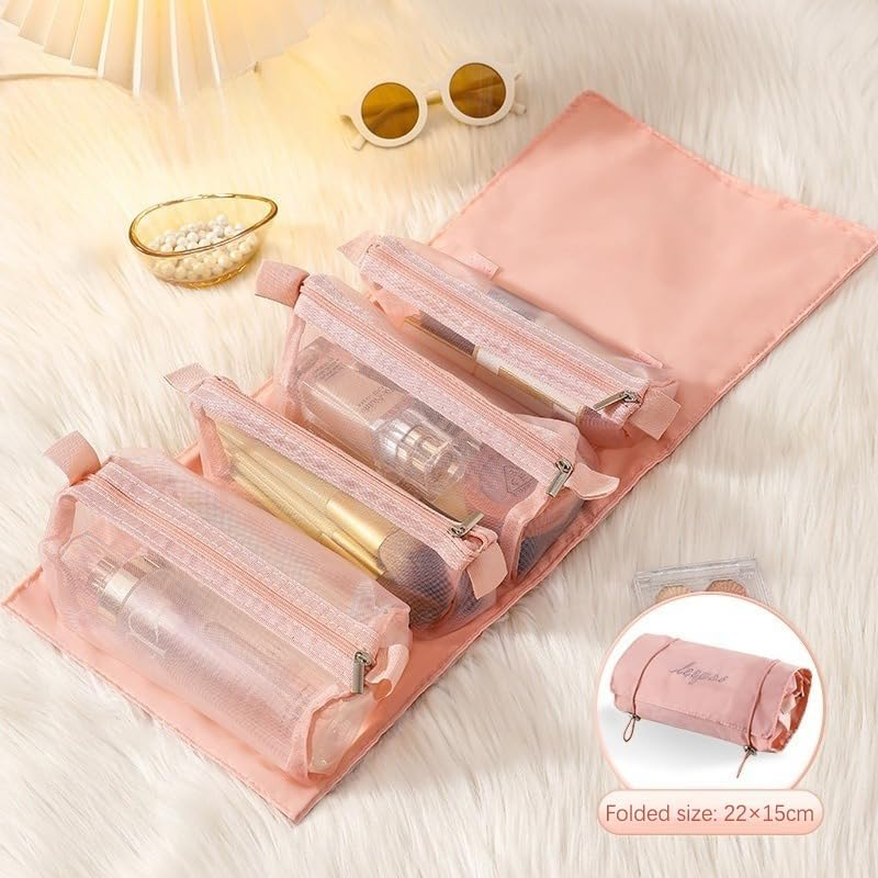 Roll up Makeup Bag Toiletry Bag 4 in 1 Detachable Cosmetic Bag 4 Removable Storage Bags Travel Makeup Organizer Bags for Women Men/1335