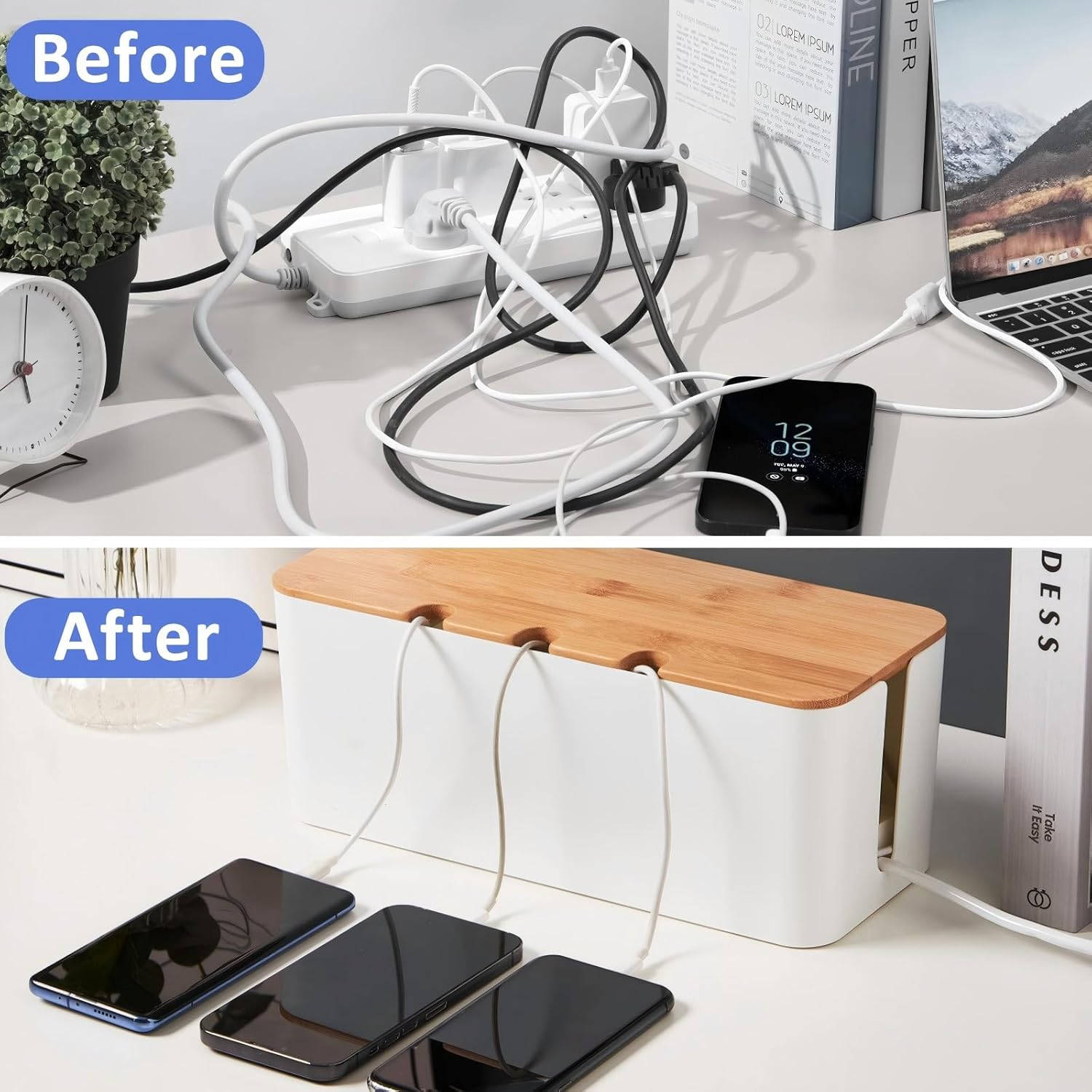 3 PCS Cable Management Box with Bamboo Lid, for TV, Computer, Router, USB Hub and under Desk Power Strip, Safe ABS Material and Baby-Pets Proof Lock, with 10 Cable Ties & 16 Multi-Hole Hubs (White) image number 1