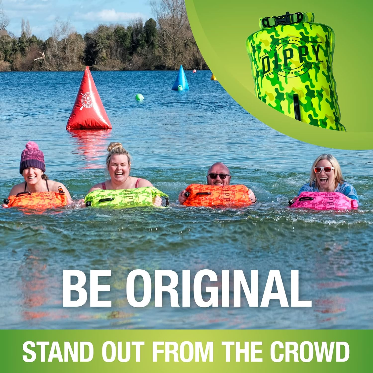DIPPY Tow Floats for Open Water Swimming | 28L Swim Buoy Open Water Swimming Float | Waterproof Swimming Buoy | Tow Float Dry Bag | Wild Swimming Float | Wild Swimming Accessories (Green Cammo) image number 2