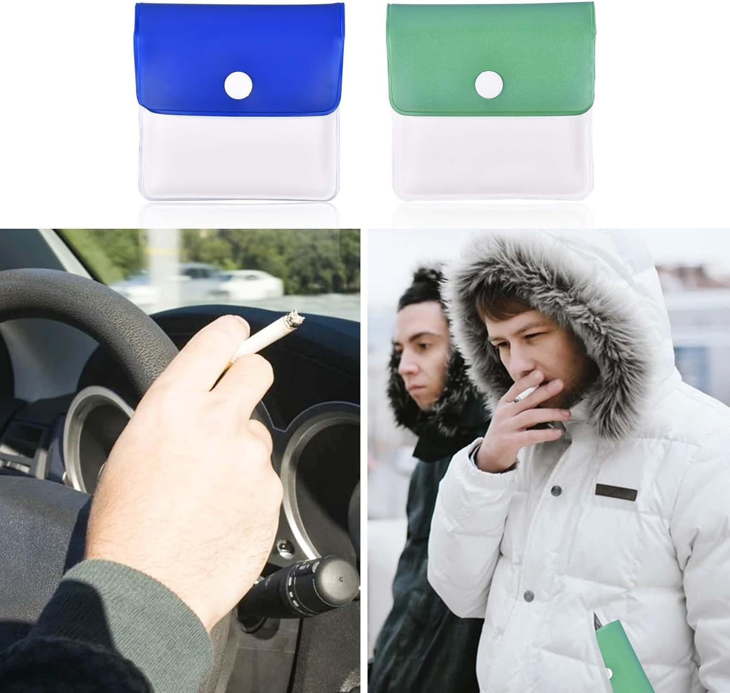 2Pcs Pocket Portable Ashtray Pouch, PVC Fireproof Reusable Odorless Ashtray Small for Outdoor or Travel Use, Outdoor Environment Friendly Butt Disposal Bag (Blue and Green) image number 5