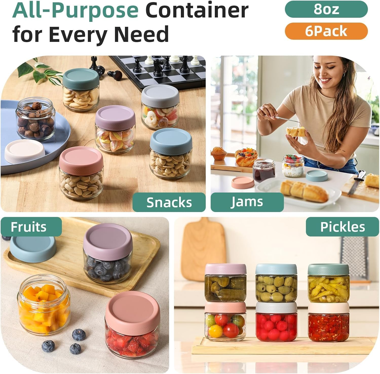 Small Glass Jars for Overnight Oats Salad Yogurt Pudding Cereal Candy Snacks Storage Containers Meal Prep Mason Jar with Airtight Lids,6 Pack