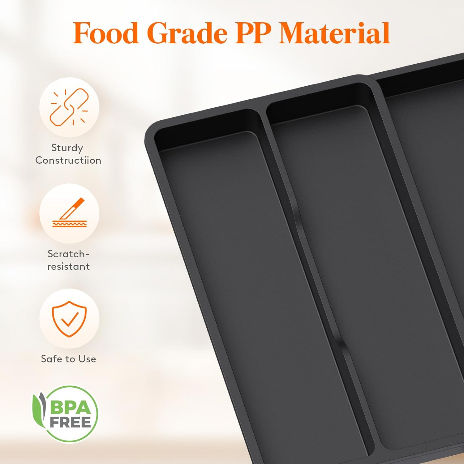 Lifewit Utensil Drawer Organizer, Expandable Cooking Silverware Tray for Kitchen Drawer, Adjustable Cutlery Flatware Holder, Plastic Spatula Tools and Gadgets Storage Divider, 3 Compartments, Black image number 3