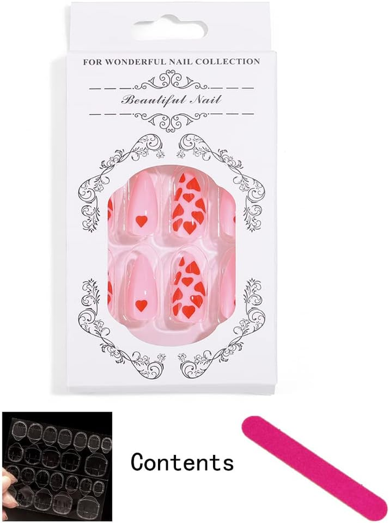 Sethexy Almond False Nails Heart Print Stiletto Stick on Nails Pink Fake Nails 24Pcs Acrylic Art Press on Nails for Women and Girls image number 4