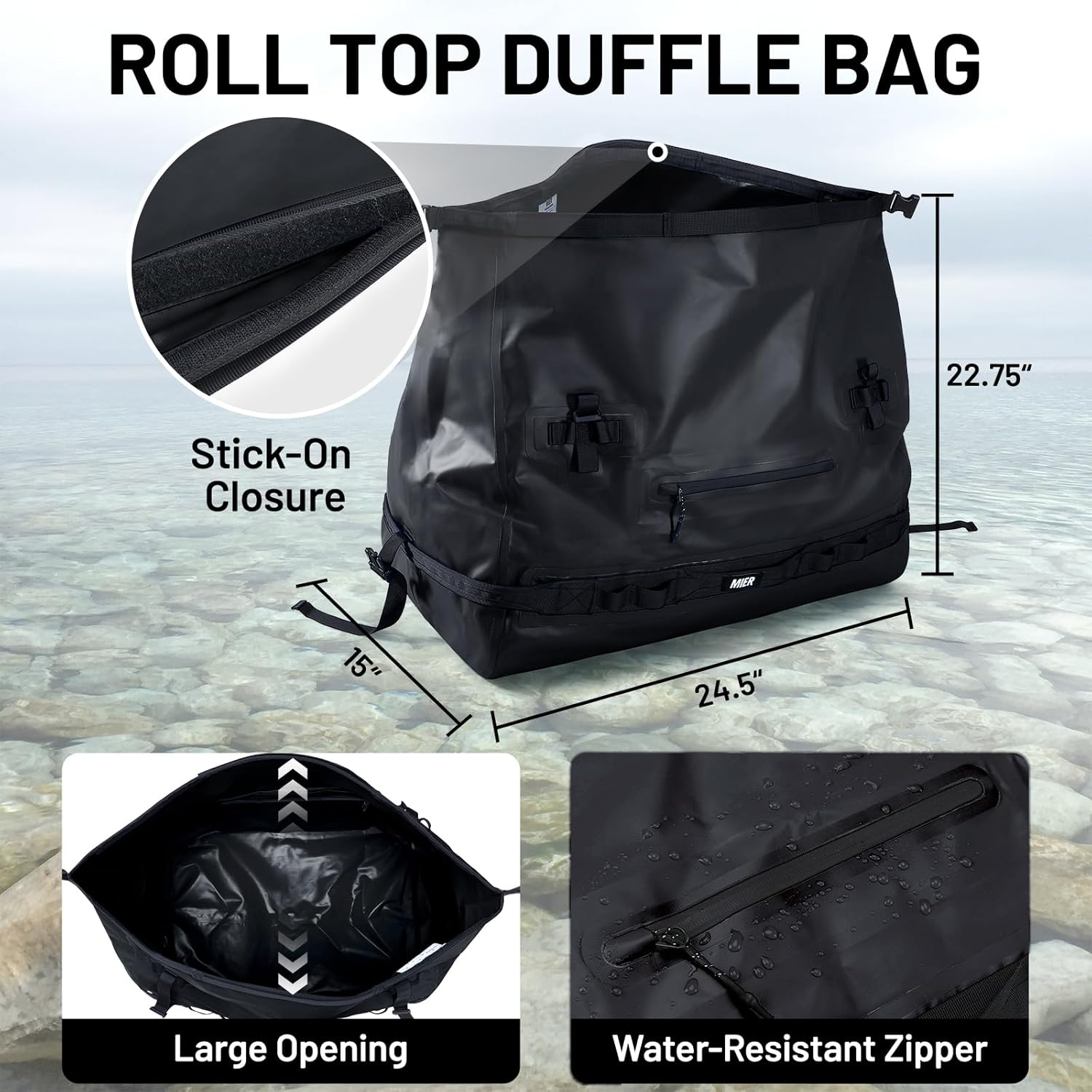 Large Waterproof Duffle Bag Rolltop Dry Bag Travel Duffle Backpack for Kayaking, Rafting, Boating, Swimming, Camping, Travel, Motorcycle, Beach, 80L, Black image number 4