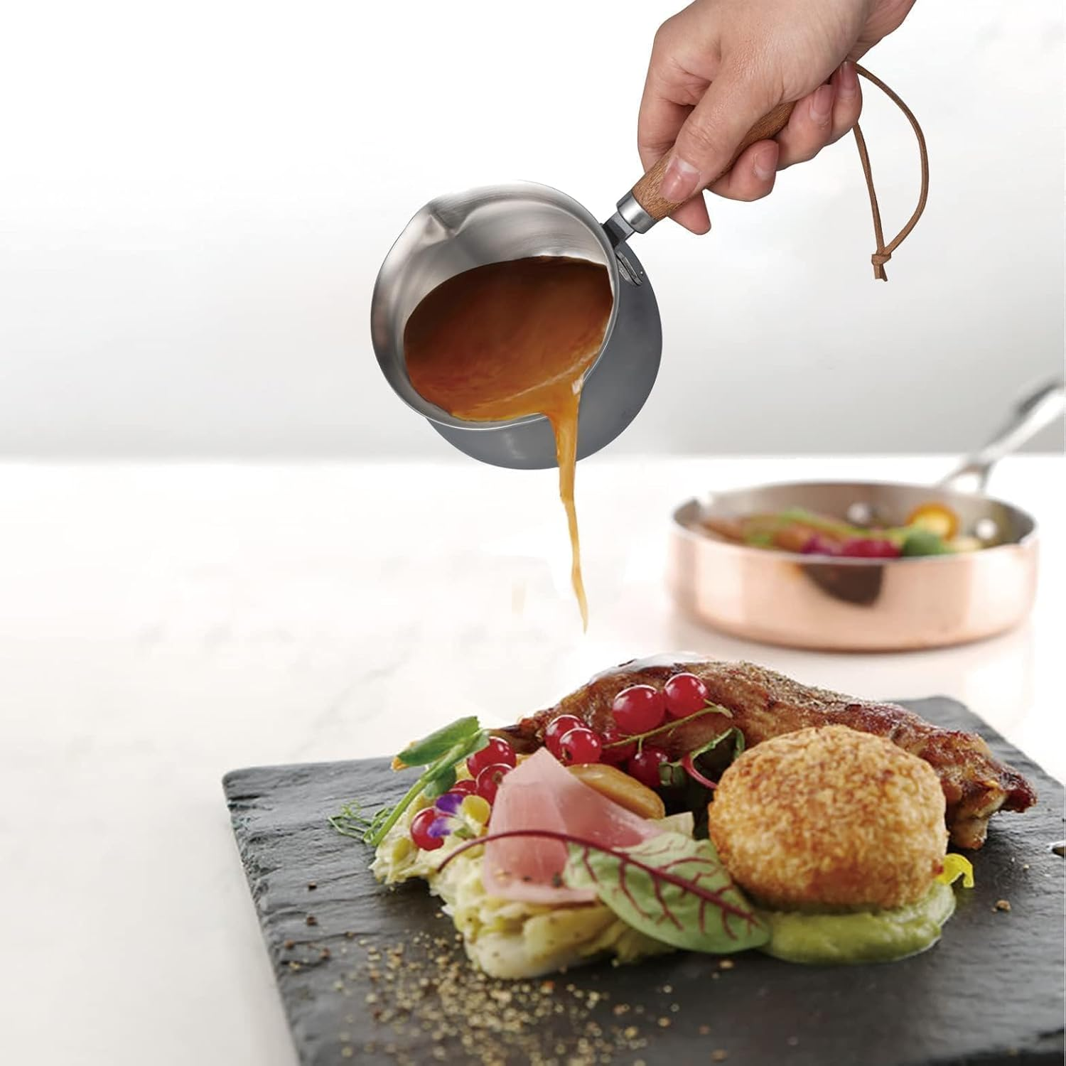 IMEEA Mini Saucepan Milk and Butter Warmer - 8.5Oz/250Ml Tri-Ply Stainless Steel with Wood Handle for Small Portions image number 1