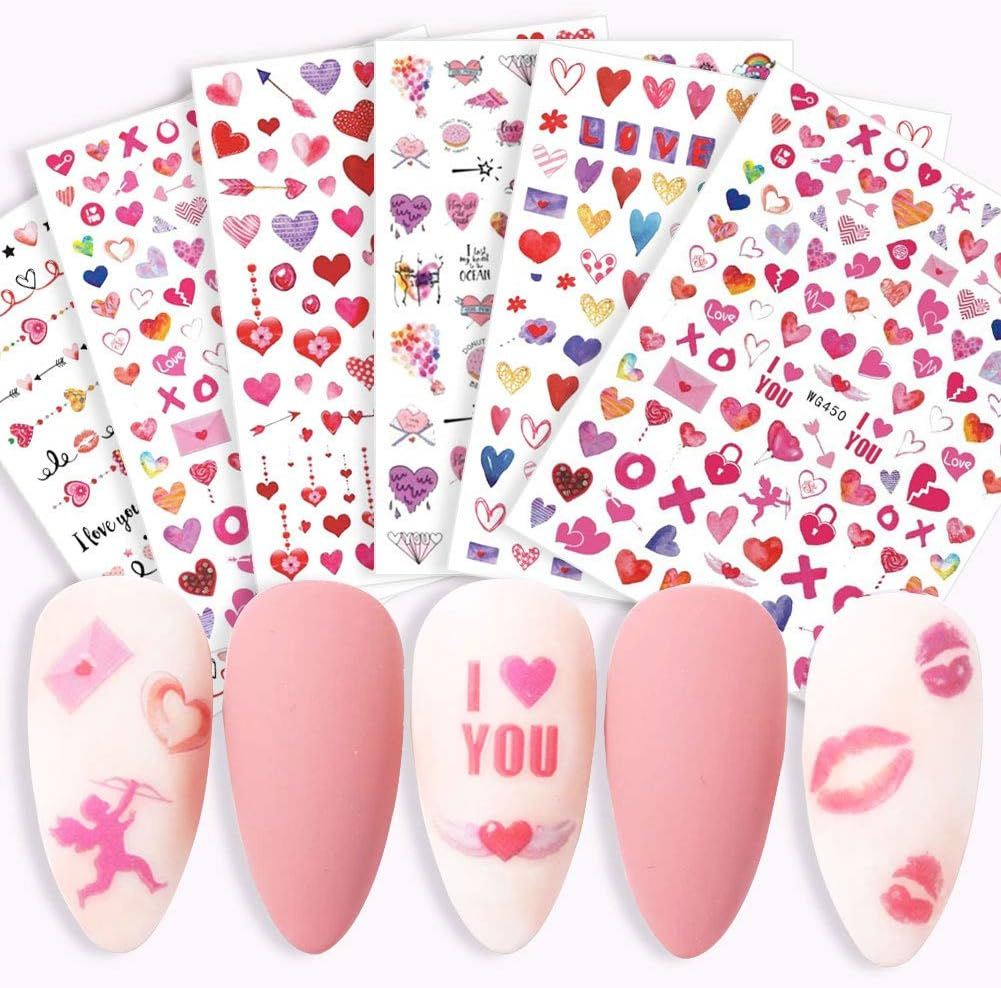 Valentines Day Nail Art Stickers Decals 6 Sheets 3D Self-Adhesive Valentines Nail Art Supplies Stickers for Acrylic Nails Sexy Lips Heart Love Cupid Designs Sticker for Women Girls image number 1