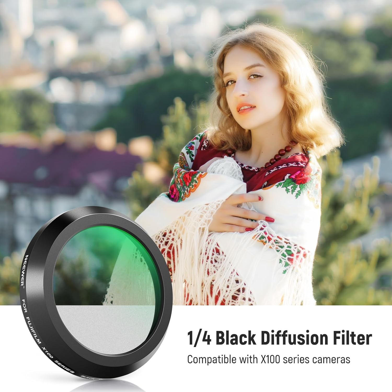 NEEWER Black Diffusion 1/4 Filter, Dreamy Cinematic Effect Lens Filter for X100 Series Cameras, Multi Coated Optical Glass, for Fujifilm X100 X100S X100F X100T X100V X100VI Cameras (Black Frame)