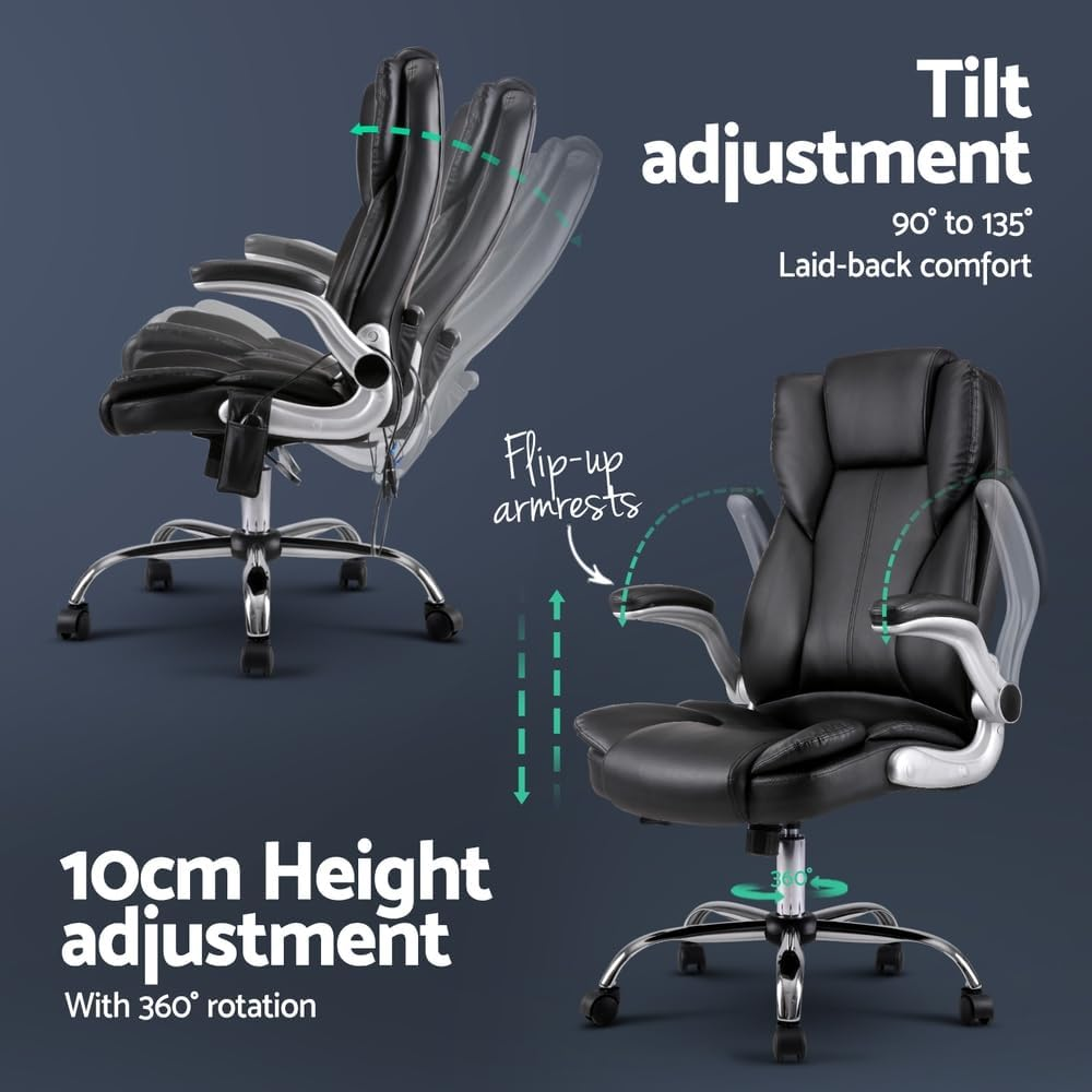 Artiss Massage Office Chair, Pu Leather 8 Point Ergonomic Gaming Computer Desk Chair Black with Remote Control,High Back Executive Chair with Foldable Armrest, Stainless Steel Foot and Nylon Wheel image number 1