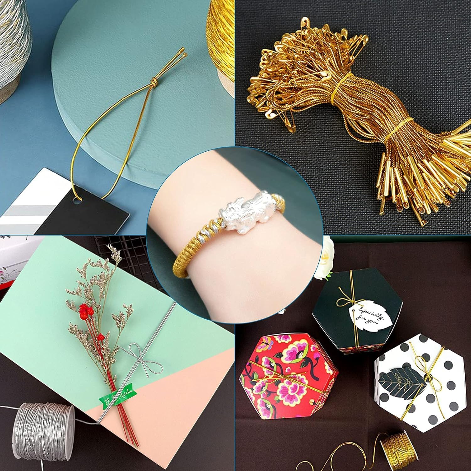 1 Rolls Metallic Elastic Cords Stretch Cord,0.8Mm X 100M Ribbon Metallic Tinsel Cord Rope,For Braiding Rope for Gift Wrapping,Crafts,Ornaments Hanging,Jewelry Making,Bracelets,Hair Decorations (Gold) image number 2