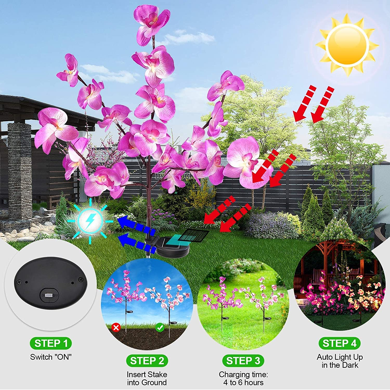 Solar Garden Flower Light,Waterproof Solar Powered Orchid Lights with 40 Flower,2 Mode Decorative Lights with Solar Panel for Patio Yard Villa Lawn Pathway Decoration,Solar Landscape Path Light&hellip; image number 5