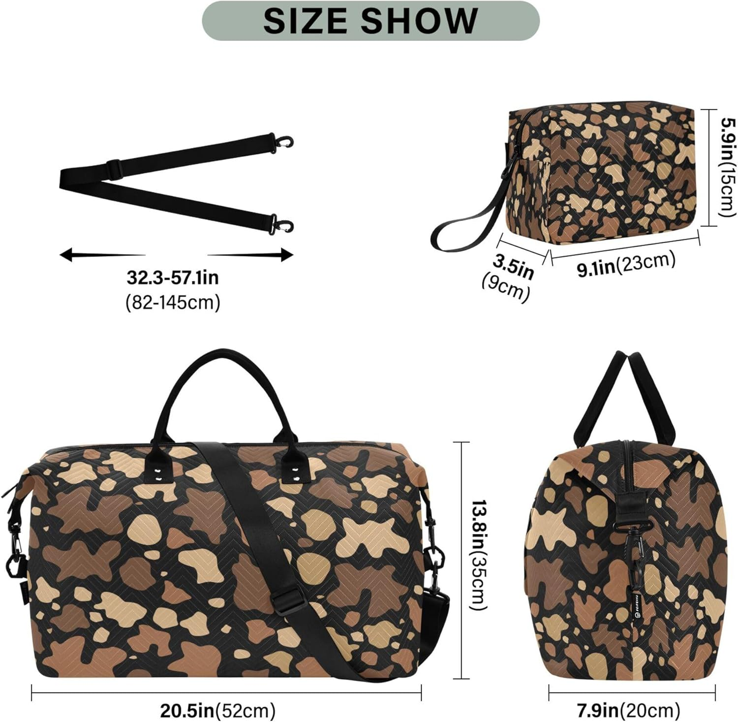 Large Bag Travel Tote Gym Bag Travel Weekender Gear Bag with Toiletry Bag for Hiking Multifunctional Brown Color Cowhide Frame Pattern, Multi, 1 Size, Multi, 1 Size image number 5