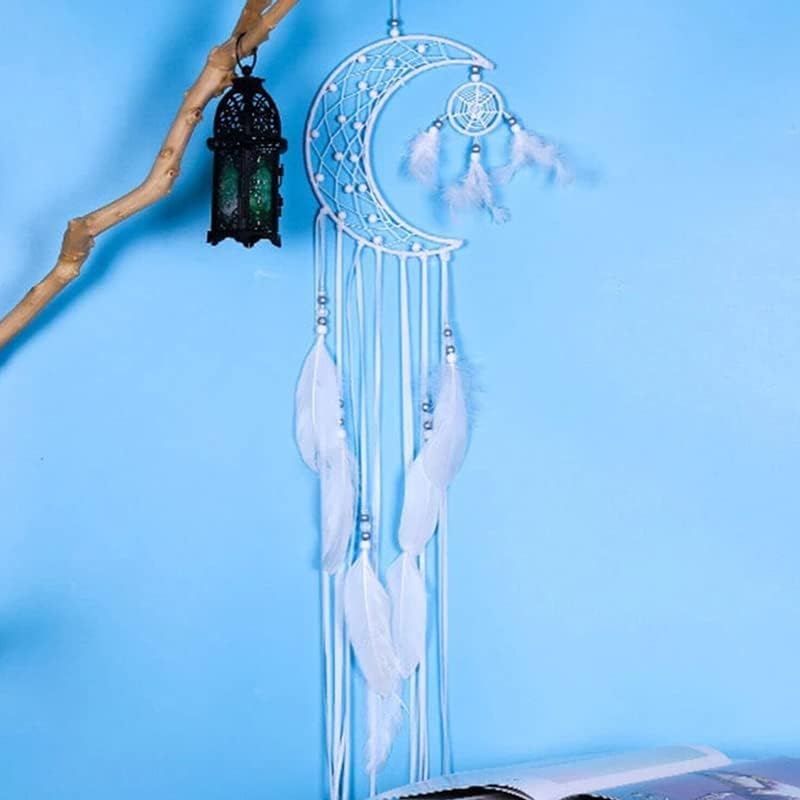 AIMALL 1PC Moon Crescent Feather Dream Catcher Wall Hanging Tapestry, 29.5 X 7.9 Inches, Woven Nursery Craft with Natural Wood, Lace, Cotton String image number 4