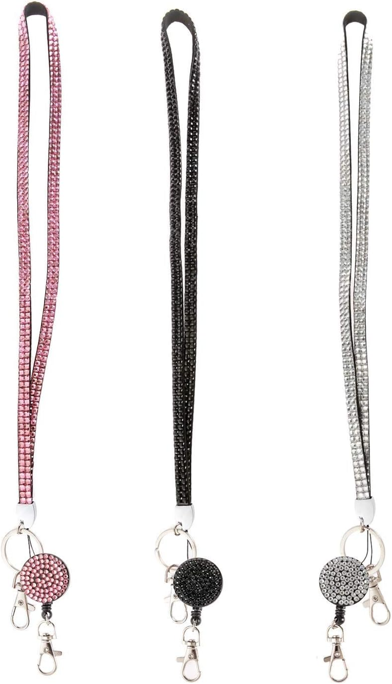Hot 3PCS Pack 32" All around Bling Crystal Leather Neck Strap Lanyard W/Retractable Badge Reel for ID Badge Keys Holder Cute Rhinestone Gift Id/Name Badge Holder(3X) image number 1