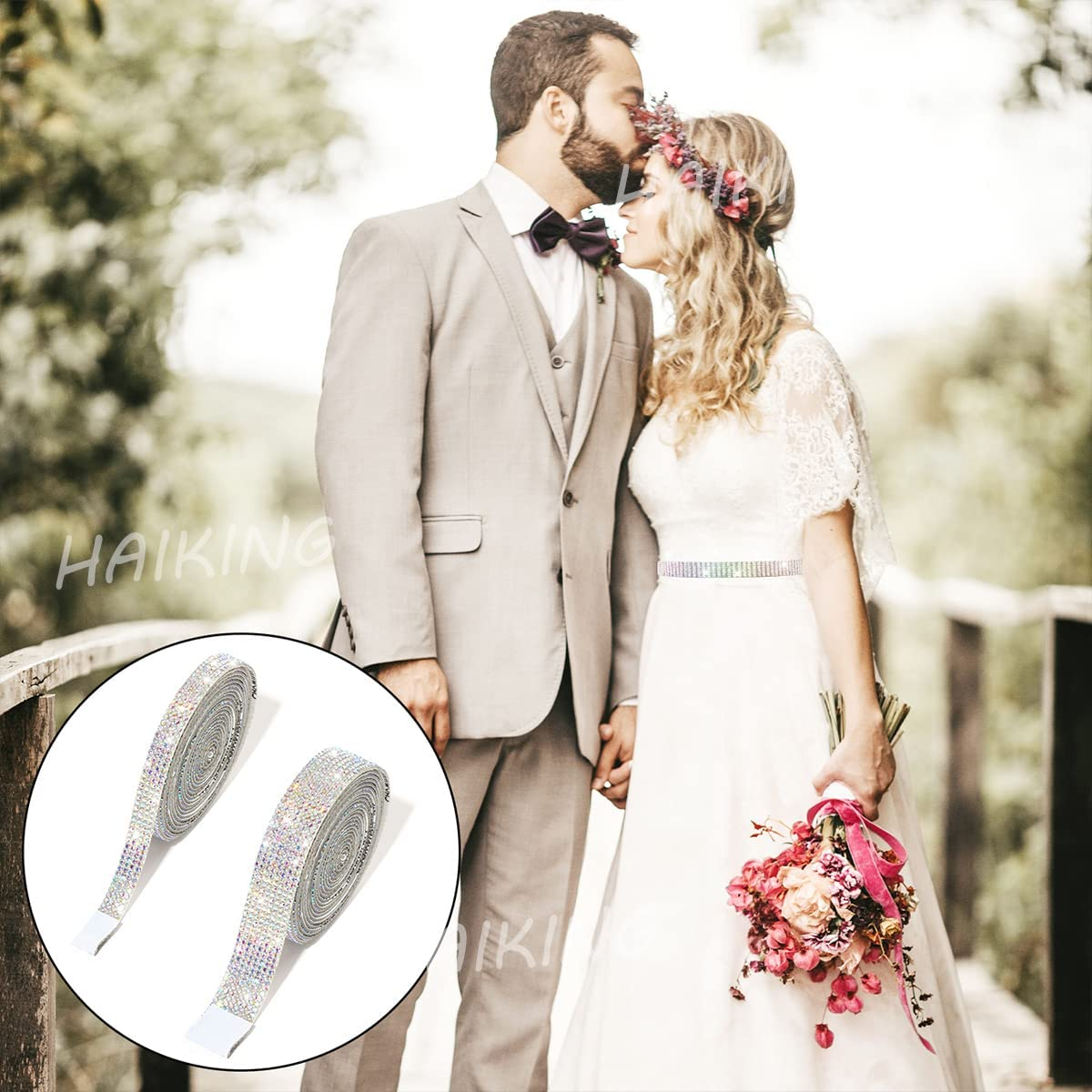 Rhinestone Ribbons, 2 Rolls AB Self Adhesive Crystal Rhinestone Diamond Ribbon for Arts Crafts, Birthday Party, Wedding Party, Car DIY Decoration (2 Yards)