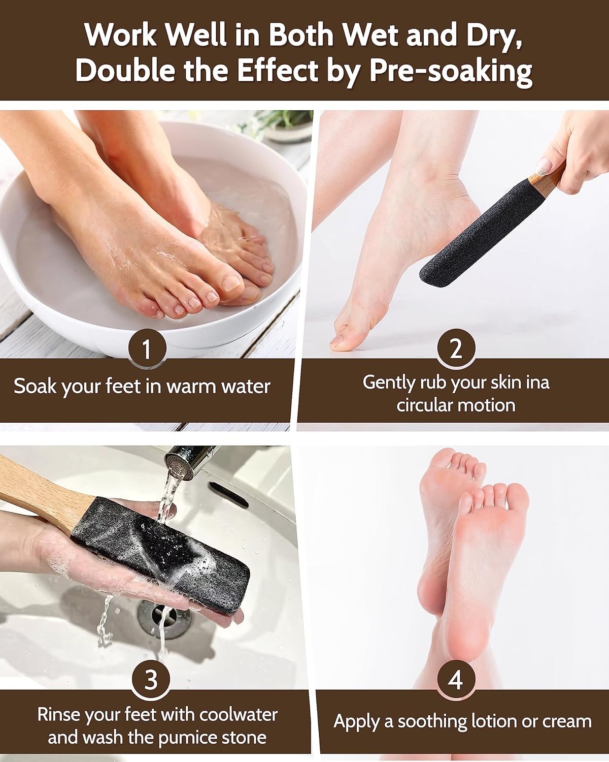Pumice Stone Foot File, 3Pcs Set Callus Remover for Feet with Wooden Handle, Pedicure Foot Scrubber to Remove Dead Skin, Dry, Rough, Corns Skin Scraper image number 4