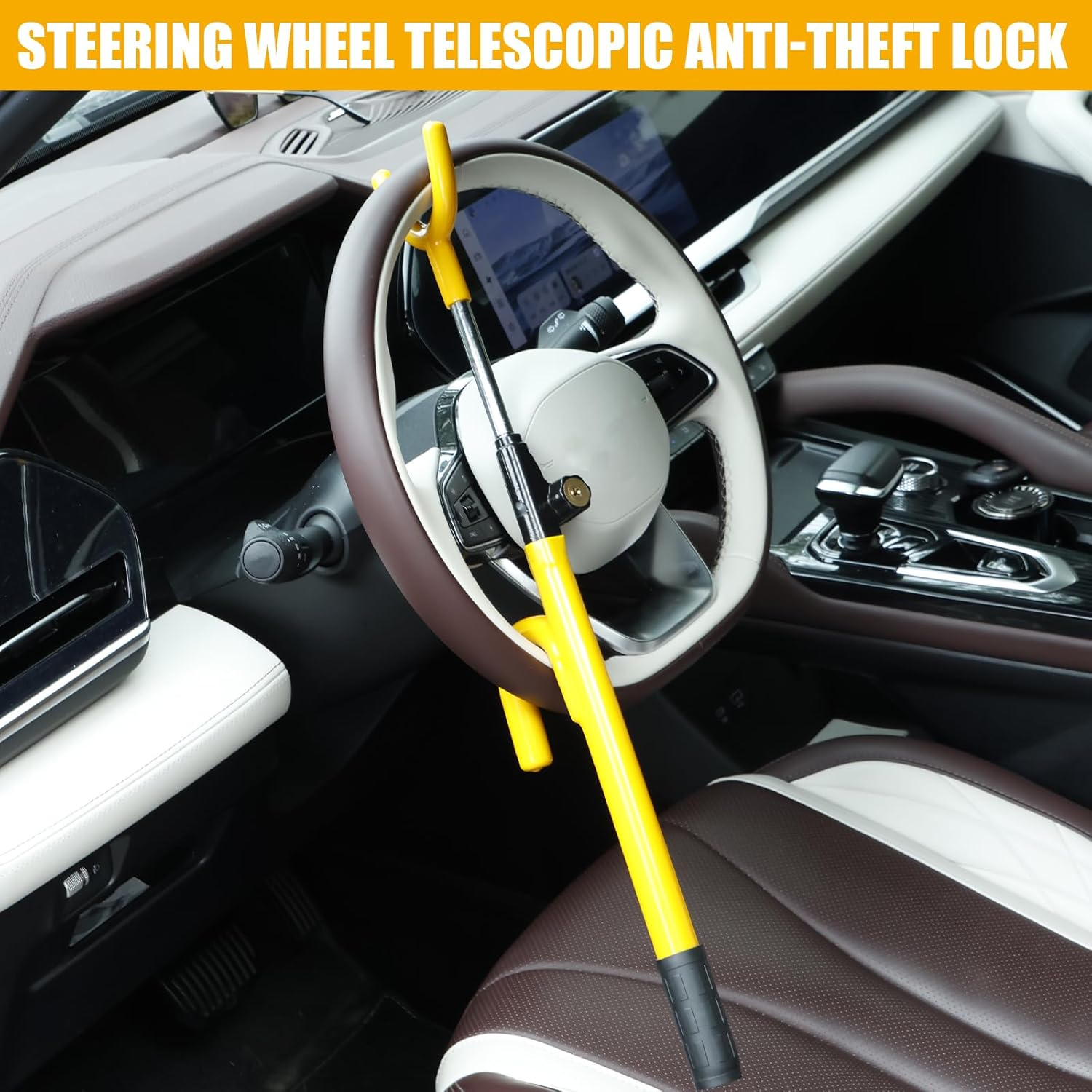 Car Steering Wheel Lock Vehicle Security Lock anti Theft Device Adjustable Car Steering Wheel Locks with 2 Keys for Cars Trucks Vans and Suvs Easy Installation (Yellow, 1Pc) image number 6
