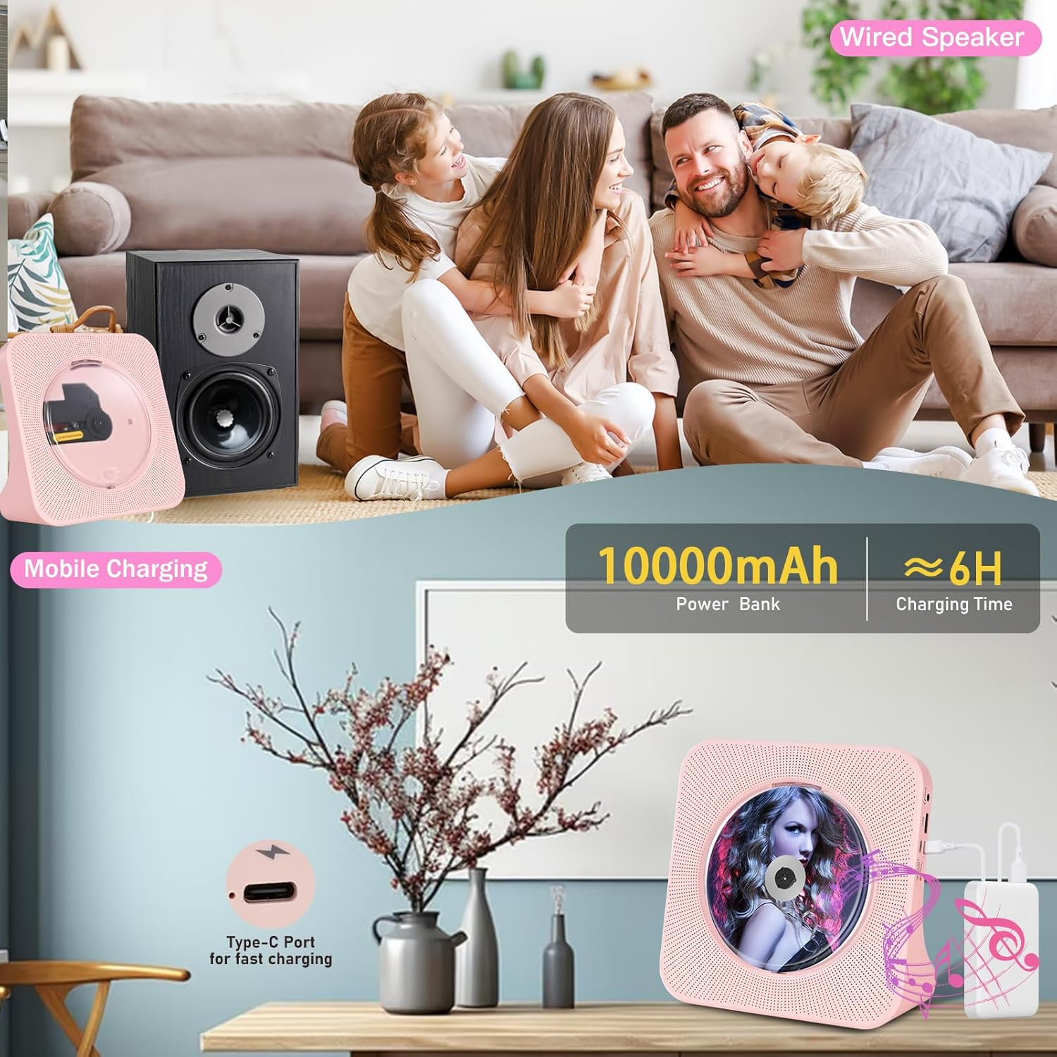 Portable Bluetooth CD Player Timer, Desktop Cd-Player Built-In Dual Hifi Sound Speakers, Kpop Players with Bluetooth Receive, Compact Music Player with Remote Control, Support USB, AUX Port, FM Radio