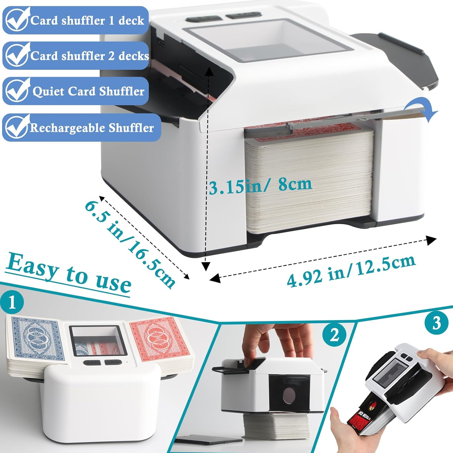 Buldoospok Quiet Automatic Card Shuffler 1-2 Deck, 2000 Mah USB-C Rechargeable Electronic Card Shuffler, One-Press AUTO and Manual Card Shuffle Machine for UNO Poker Blackjack Skip-Bo Phase 10