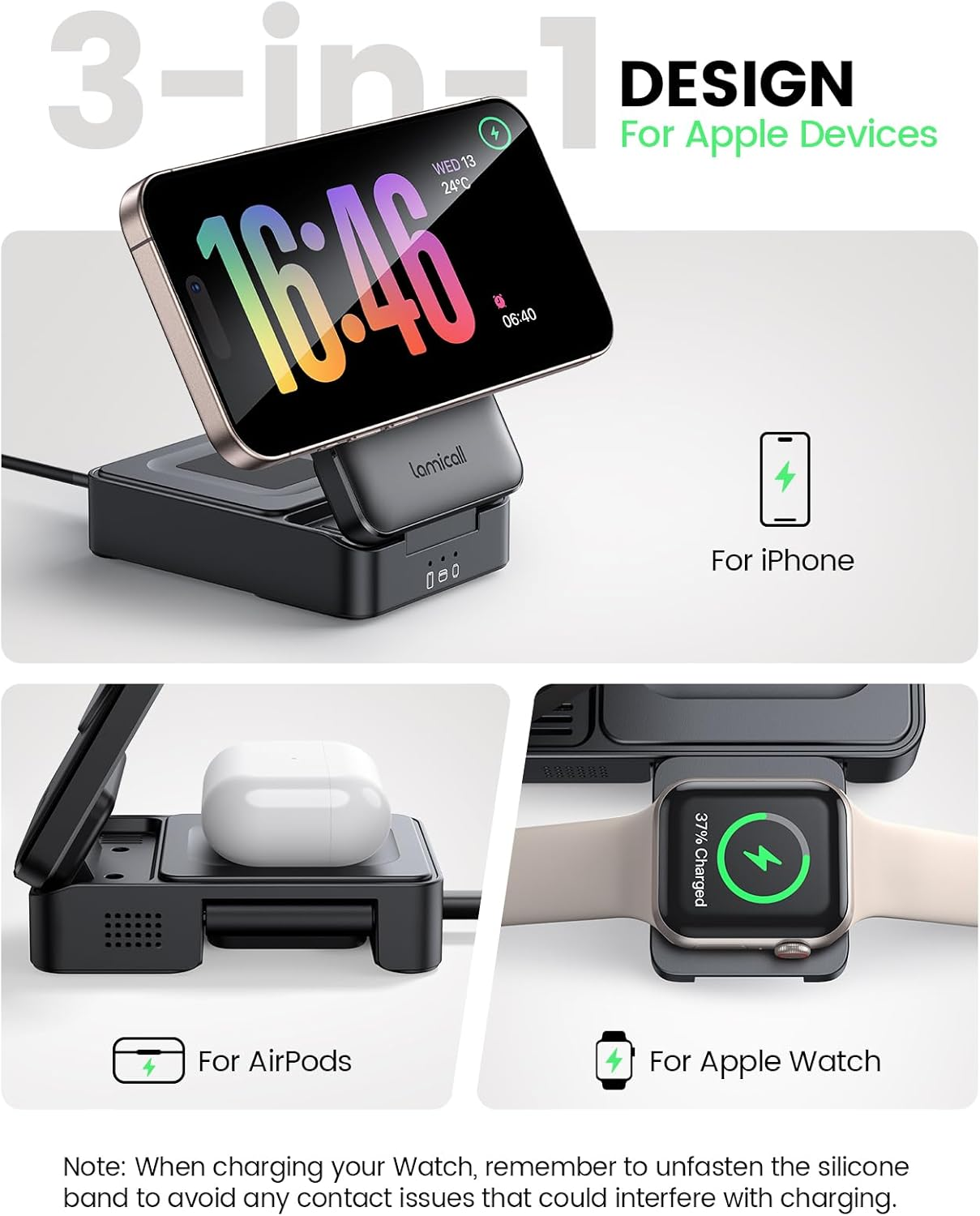 Lamicall 3 in 1 Charging Station for Apple - Foldable Wireless Charger Stand for Mag Safe Portable, Travel Wireless Charger Station for Multiple Devices for Iphone 16, 15, 14, 13, Apple Watch, Airpods image number 1