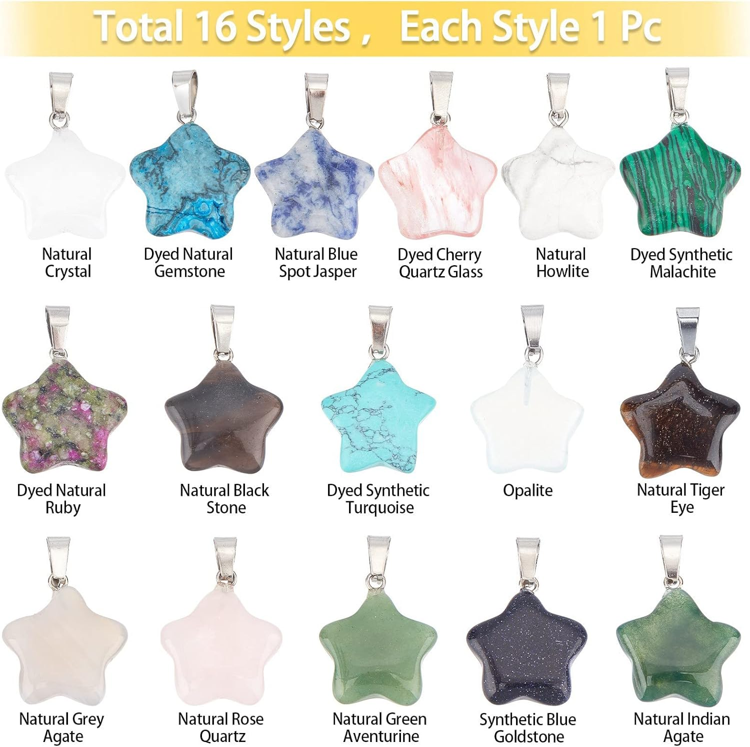 SUNNYCLUE 16 Styles Star Stone Charms Set Natural Energy Healing Crystal Mixed Stone Pendants Chakra Gemstone Beads Rose Quartz Tiger Eye with Waxed Cord Chains for Jewelry Making Crafts image number 3