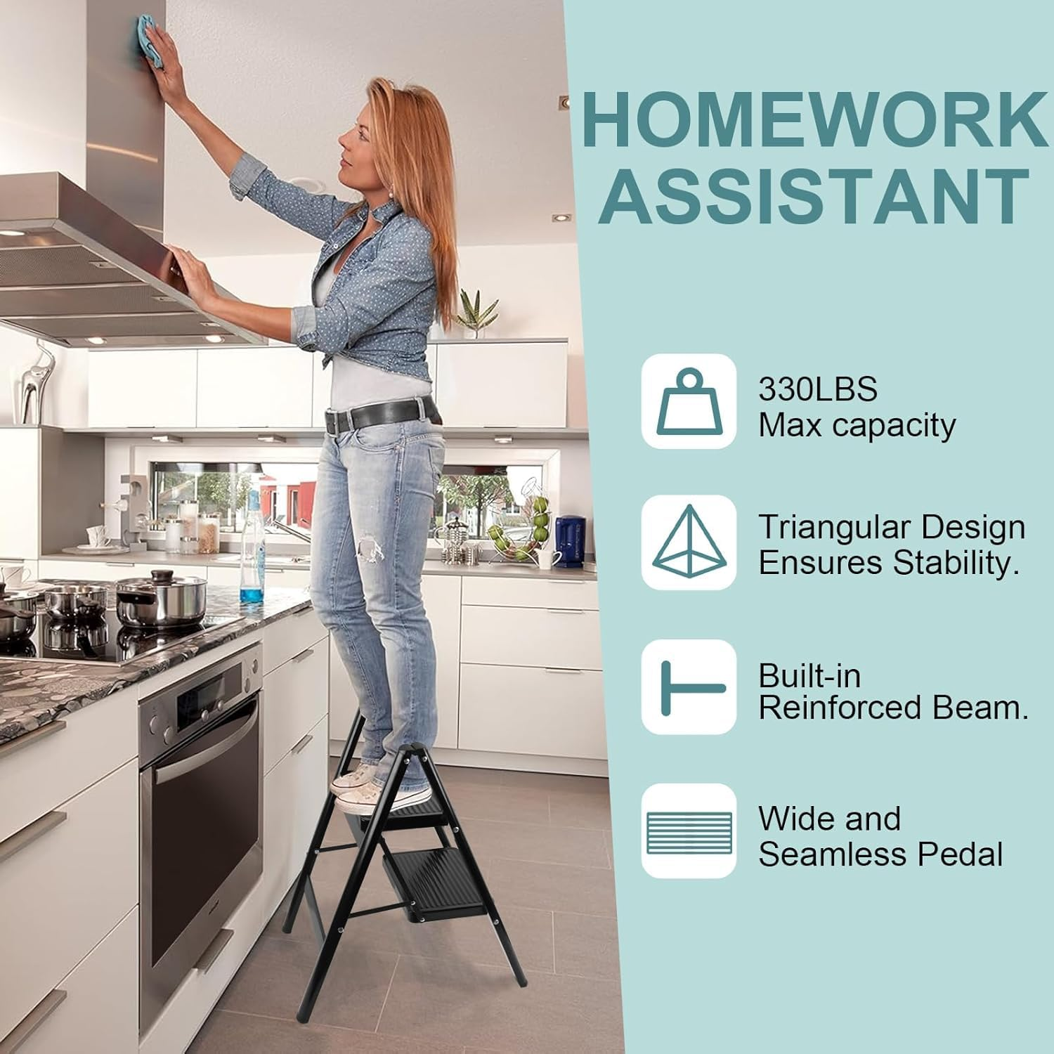 2 Step Ladder, Folding Stool with 20CM Widened Pedal, Lightweight Carbon Steel for Adults, 330Lbs Load Capacity for Home, Bedroom, Balcony, Living Room, Kitchen(2 Step Ladder) image number 3