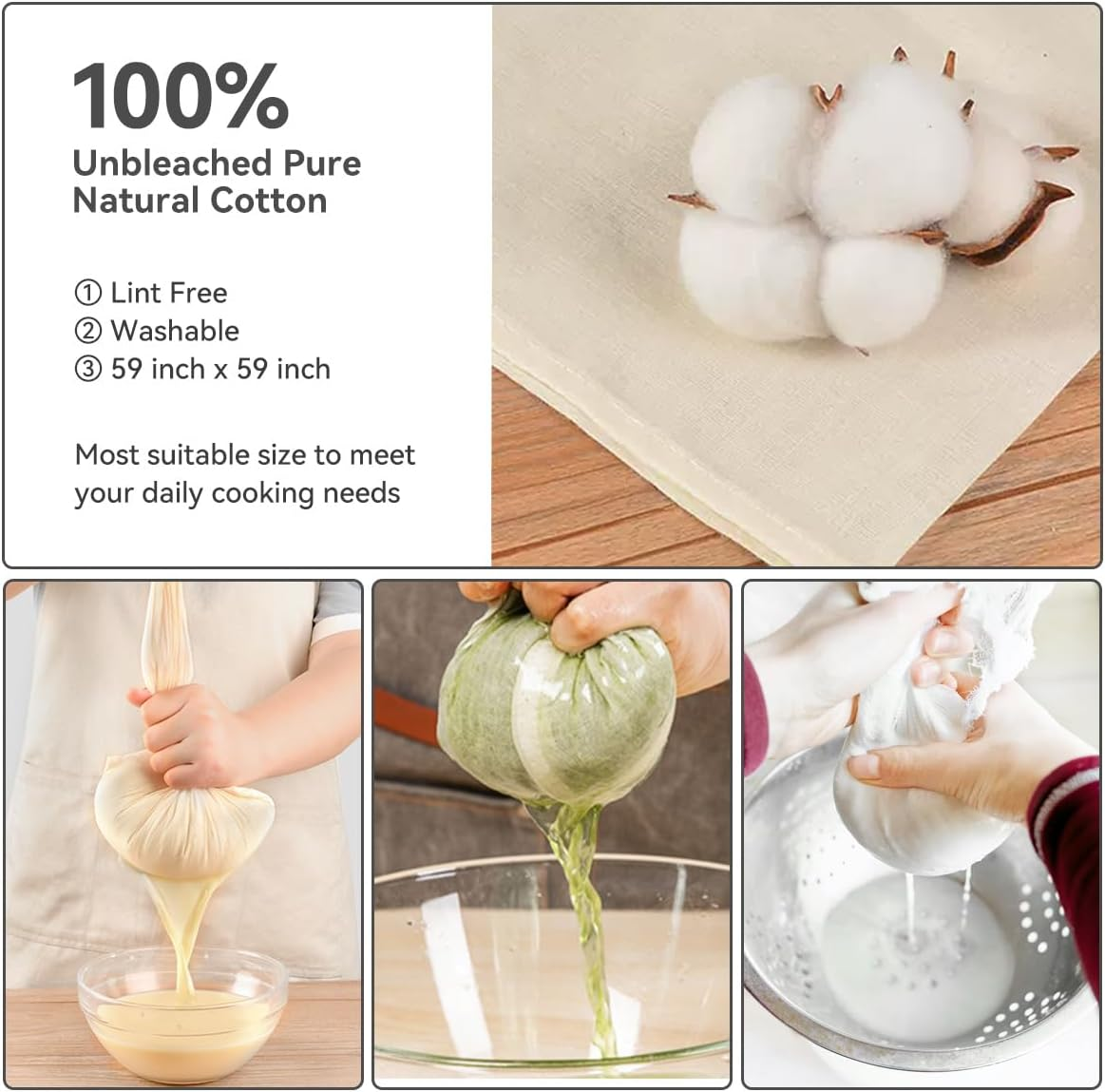 Cheesecloth for Straining 150X150 Cm 100% Unbleached Cotton Reusable Large Cold Brew Coffee Cheese Cloths Strainer Filter Nut Milk Tea Juice Fine Mesh Filter image number 3