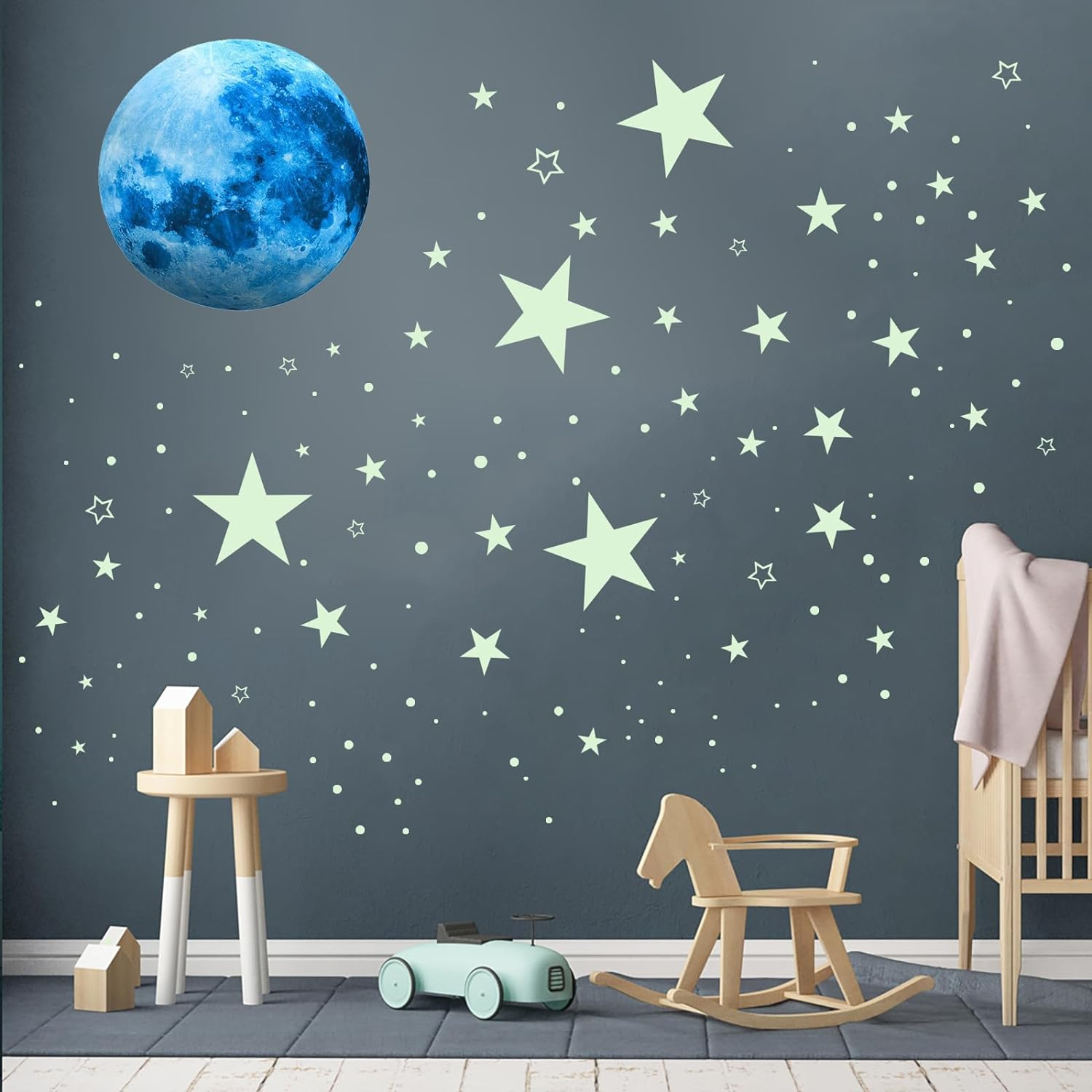 1108 Pcs Classic Glow in the Dark Stars & Moon Wall Decals, Vinyl, Blue, Star & Dot Pattern, Indoor, Kids Boys Bedroom Living Room Decor