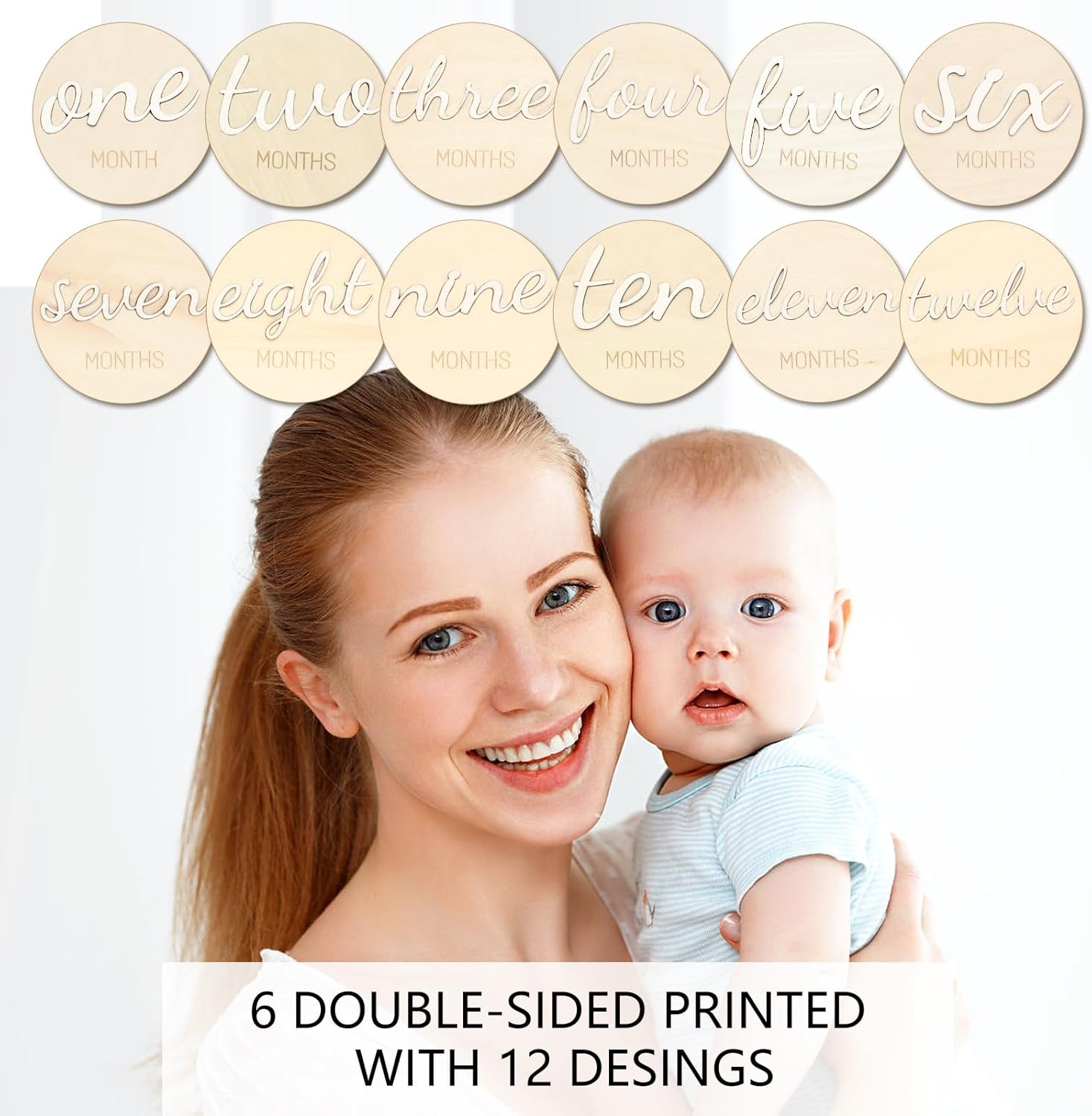 Baby Monthly Milestone Marker Discs - Wooden 3D Double-Sided Baby Announcement Sign, Gender Neutral Announcement Cards for Newborn Boys and Girls 1-12 Months Photography Props image number 1