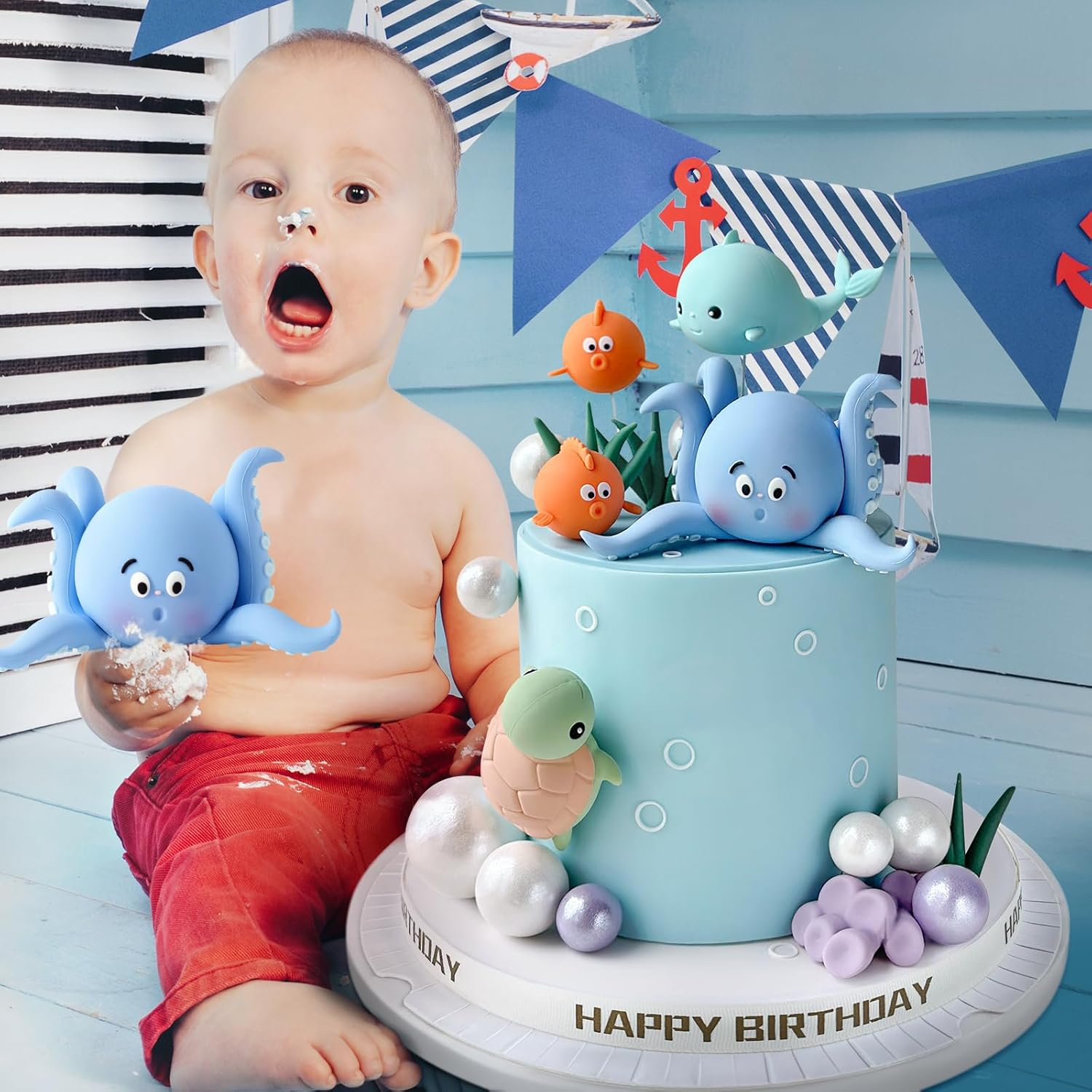 17 PCS under the Sea Cake Decorations Ocean Animals Cake Topper with Cake Balls Decorations for under the Sea Theme Boys Girls Baby Shower Birthday Party Supplies image number 1