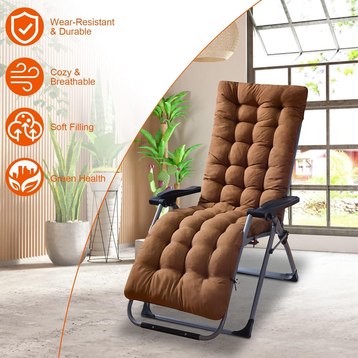 Sun Lounger Chair Cushions, Sundlight Patio Cushions Chaise Indoor/Outdoor Mattress Recliner Quilted Thick Padded Seat Cushion Reclining Chair Rocking with Ties (155X48X8Cm, Light Brown)