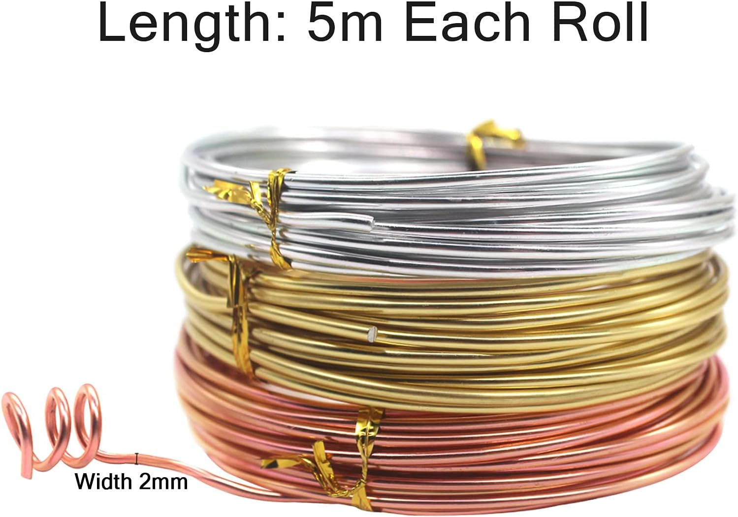 Cinvo 3 Rolls Craft Wire Jewelry Beading Wire Flexible Aluminum Wire Tarnish Resistant for DIY Jewelry Craft Making (12 Gauge/2Mm Thick, Silver, Gold and Rose Gold) image number 3