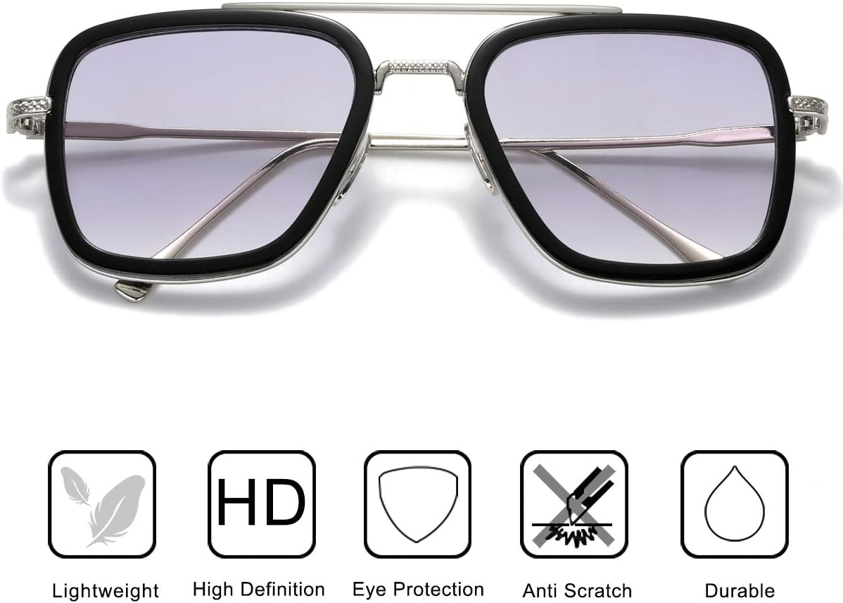 Aisswzber Tony Stark Sunglasses Vintage Square Metal Frame for Men Women -Iron Man and Spider-Man Vintage Sun Glasses - Blue image number 7