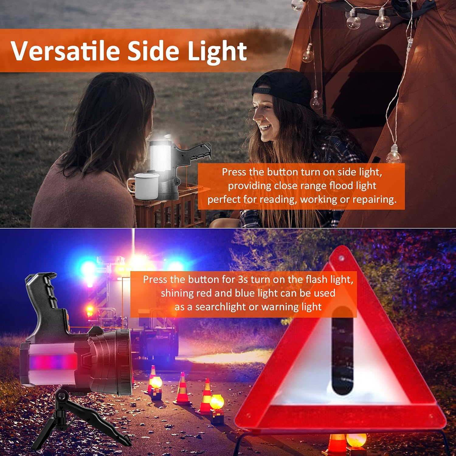 Samyoung Spotlight 120000 Lumen Super Bright, 10000 Mah 30 Hours LED Rechargeable Flashlights, IP65 Waterproof Rechargeable Spotlight Come with Collapsible Tripod & Strip for Hunting Boat Camping image number 6