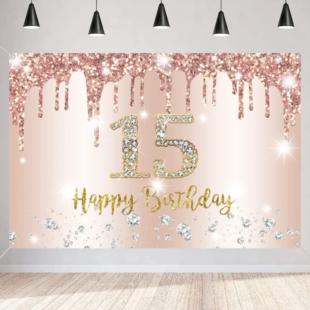 Happy 15Th Birthday Decorations Birthday Backdrop Banner for Girls Happy 15 Years Old Party Fabric Sign Poster Girl Birthday Rosegold Photography Background 15Th Birthday Party Supplies, 59"X35.4"