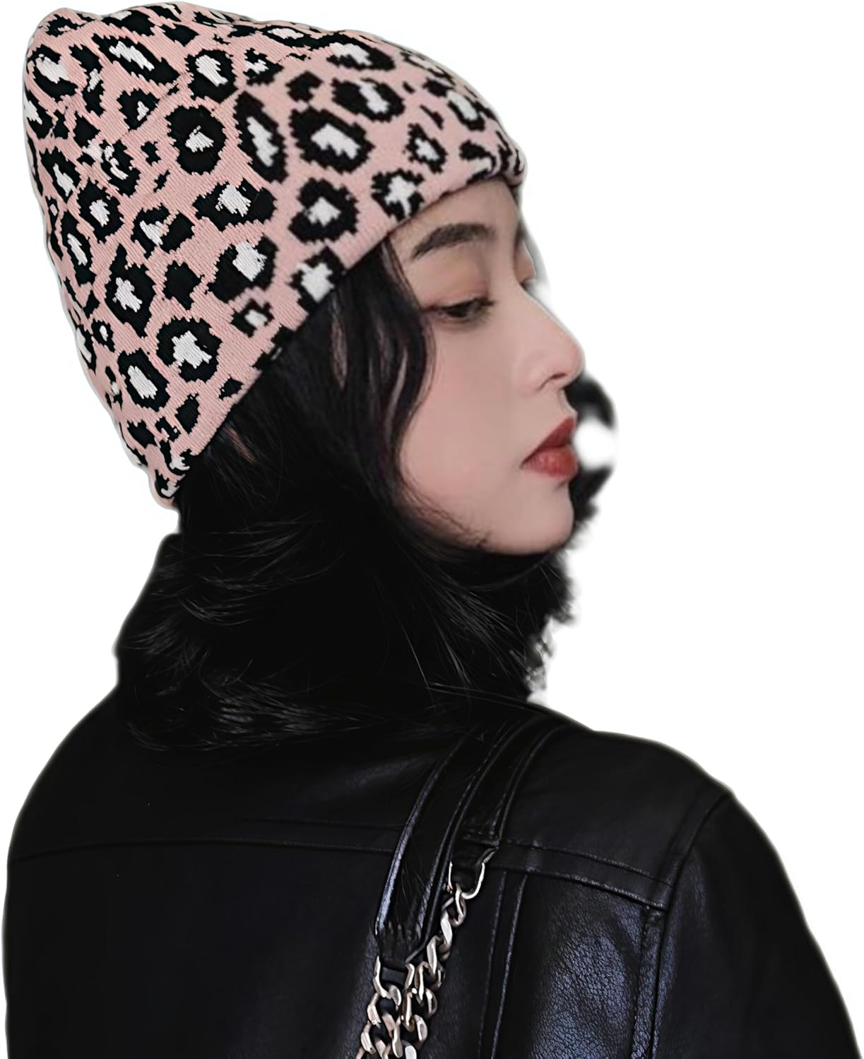 Women'S Leopard Print Beanie Hat - Stretchy Acrylic Knit Winter Warm Fleece Lined Cuffless Skull Cap for Women & Teens, One Size Fits Most (Pink/Brown) image number 3