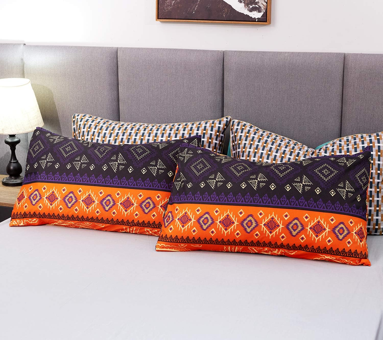 LAMEJOR Duvet Cover Sets Queen Size Bohemia Exotic Pattern Vibrant Color Luxury Soft Bedding Set Comforter Cover(1 Duvet Cover+2 Pillowcases) Orange/Teal Purple image number 4