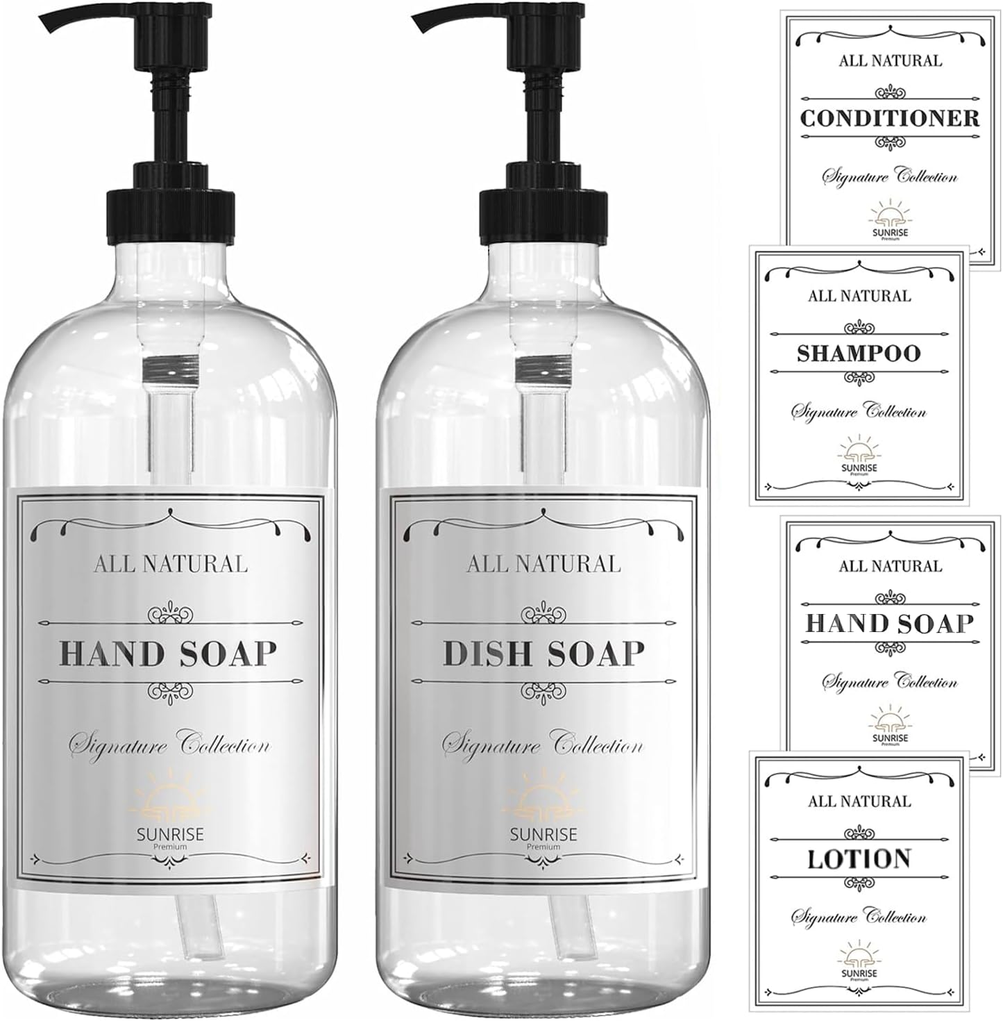 16 OZ Thick Clear Glass Soap Dispenser with Plastic Pump 2 Pack, Hand and Dish Soap Dispenser Set for Bathroom with 6 Waterproof Labels