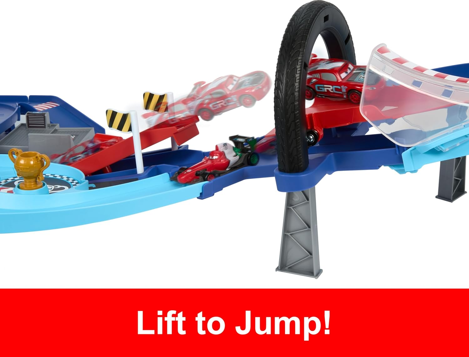 Mattel Disney and Pixar Cars Playset with 2 Toy Cars, Lightning Mcqueen & Francesco Bernoulli, GRC Jumping Raceway Track Set with Kid-Powered Booster image number 5