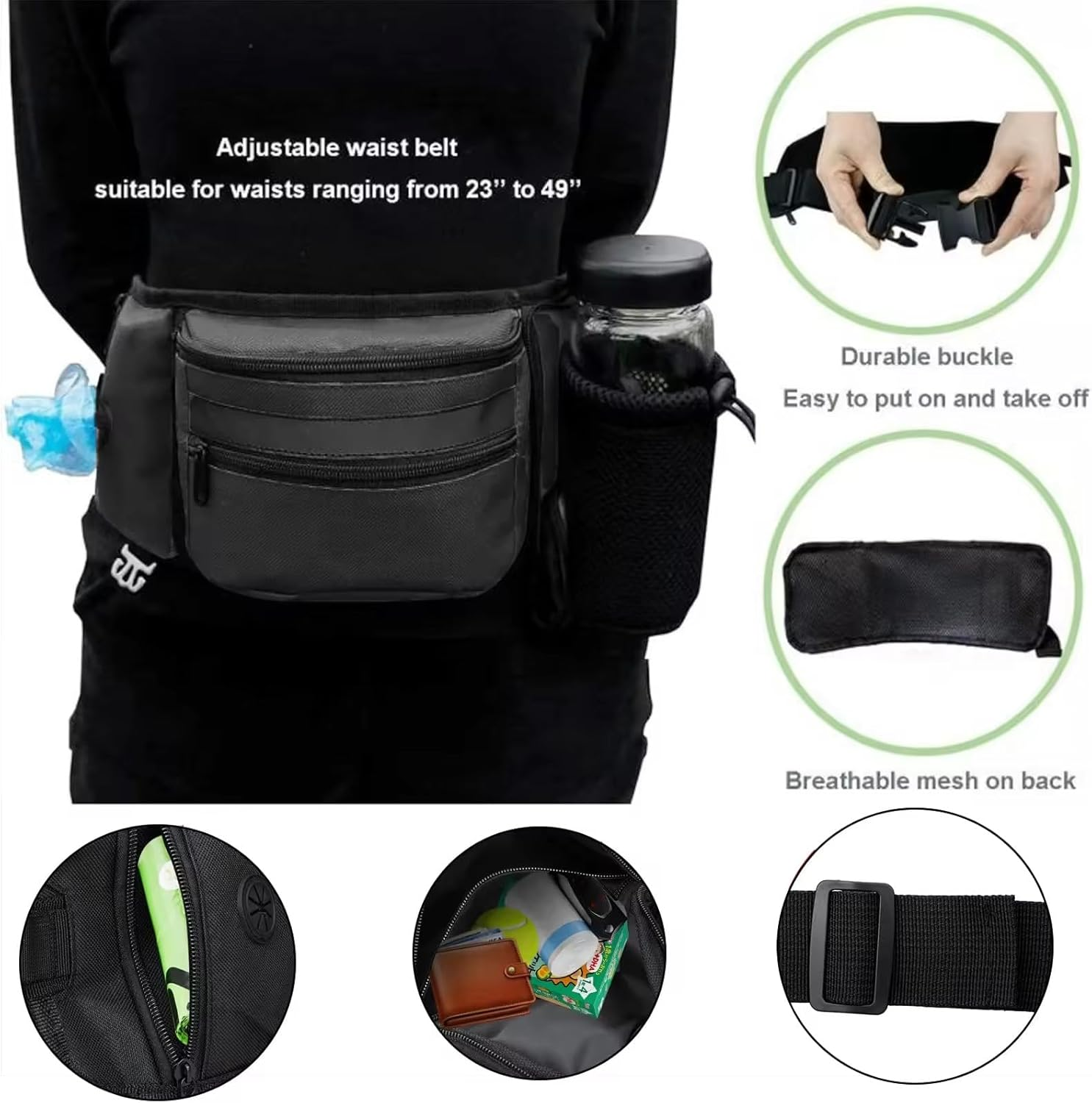 Dog Treat Bag with Hands-Free Waist Belt and Shoulder Strap - Multi-Purpose Portable Pouch for Training, Hiking, Running, Walking - Black (Bottle & Bags Not Included)