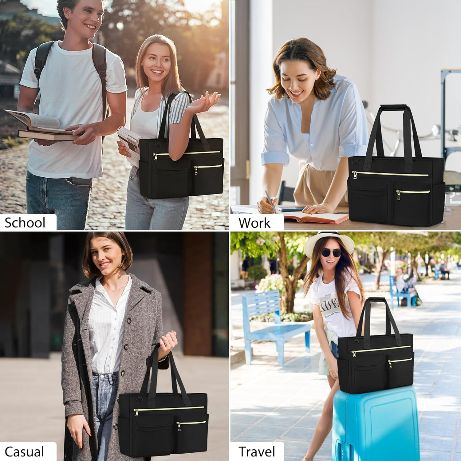 NEWHEY Tote Bag with Zipper Large Work Tote Bags for Women 15.6 Inch Laptop Tote Bag Canvas Tote Bag for School Travel Black image number 4