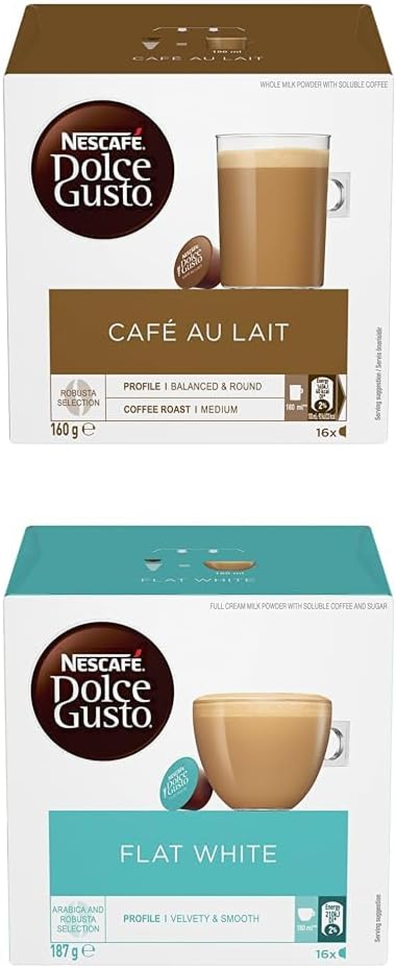 NESCAF&Eacute; DOLCE GUSTO Coffee Pods Bundle - 1X Caf&eacute; Au Lait & 1X Flat White, 16 Capsules