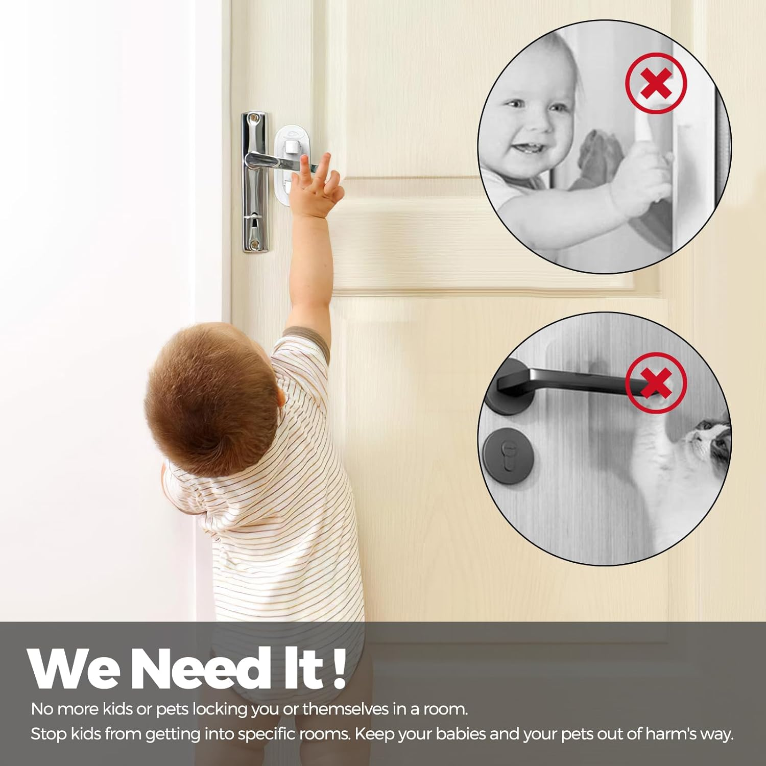 Woobroo Door Lever Safety Lock, 2 Pack Doors Handle Locks without Drilling for Child-Proof & Pet-Proof, Heavy-Duty 3M Adhesive Tape, No Tools Required, White image number 6